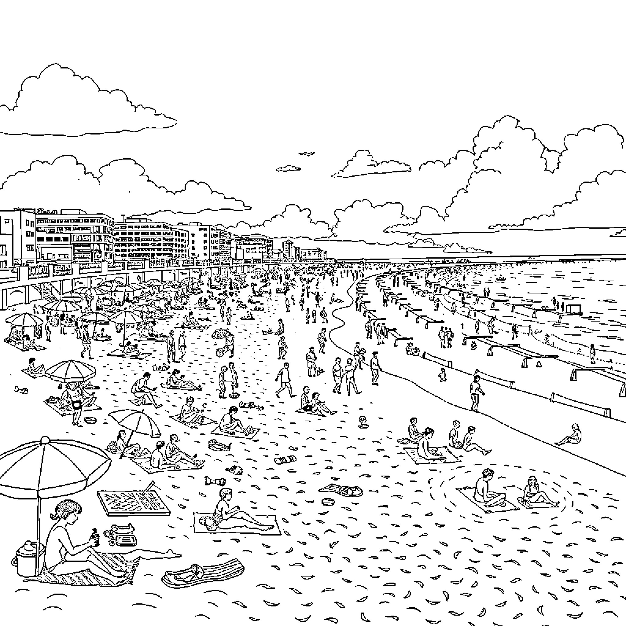Beach Scene with Crowded Shoreline and Beachgoers Coloring Page (free black-and-white line drawing printable PDF for all, from beginners to advanced learners, including children, teens, adults, and seniors)