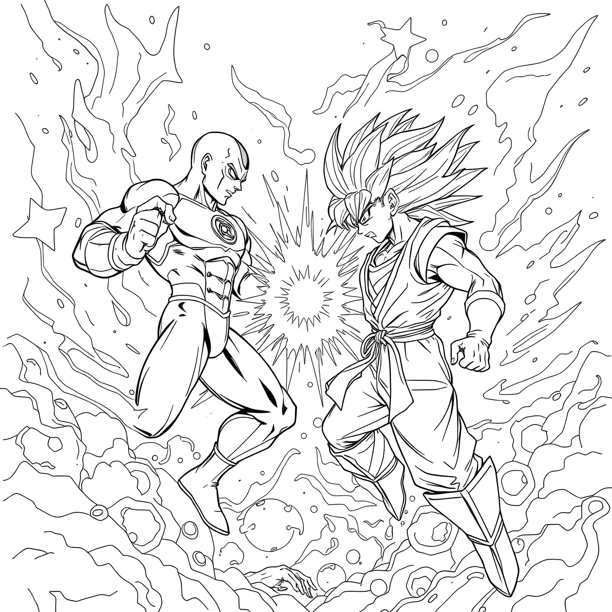 Green Lantern Clashes with Powerful Adversary Coloring Page (free black-and-white line drawing printable PDF for all, from beginners to advanced learners, including children, teens, adults, and seniors)