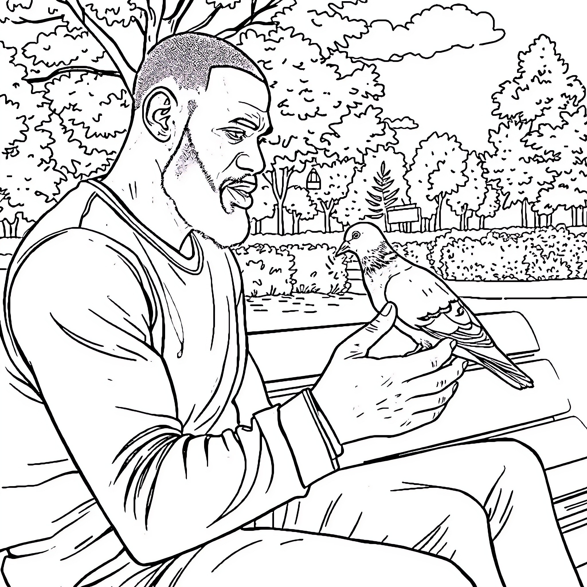 LeBron James interacting with a bird in a serene park Coloring Page (free black-and-white line drawing printable PDF for all, from beginners to advanced learners, including children, teens, adults, and seniors)