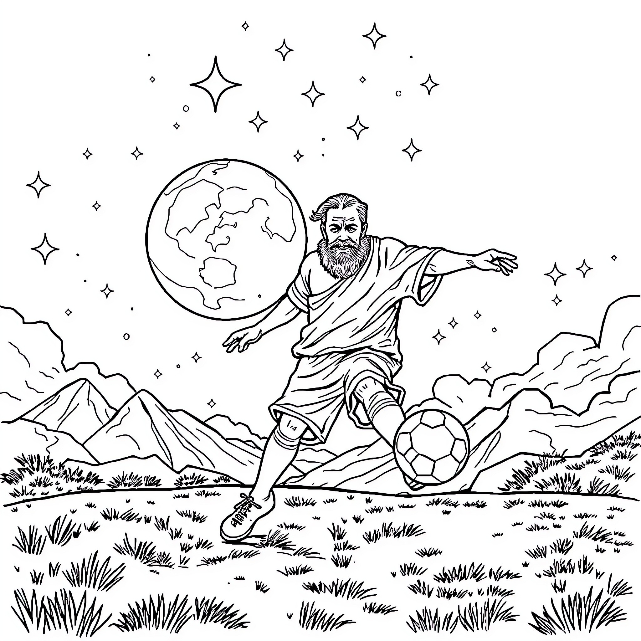Papa guides the earth with a football in the starry night Coloring Page (free black-and-white line drawing printable PDF for all, from beginners to advanced learners, including children, teens, adults, and seniors)