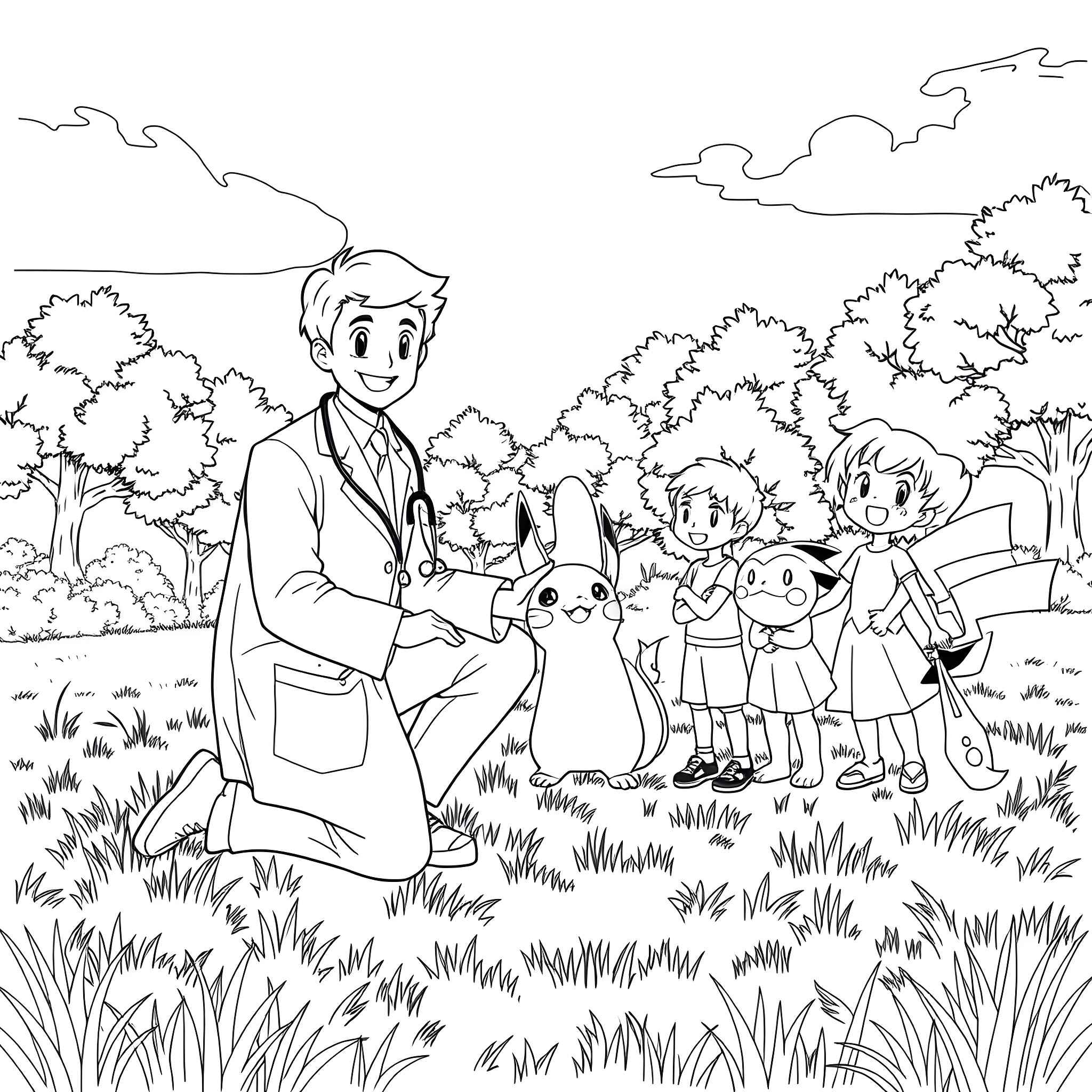 Doctor examining young patients in the park Coloring Page (free black-and-white line drawing printable PDF for all, from beginners to advanced learners, including children, teens, adults, and seniors)