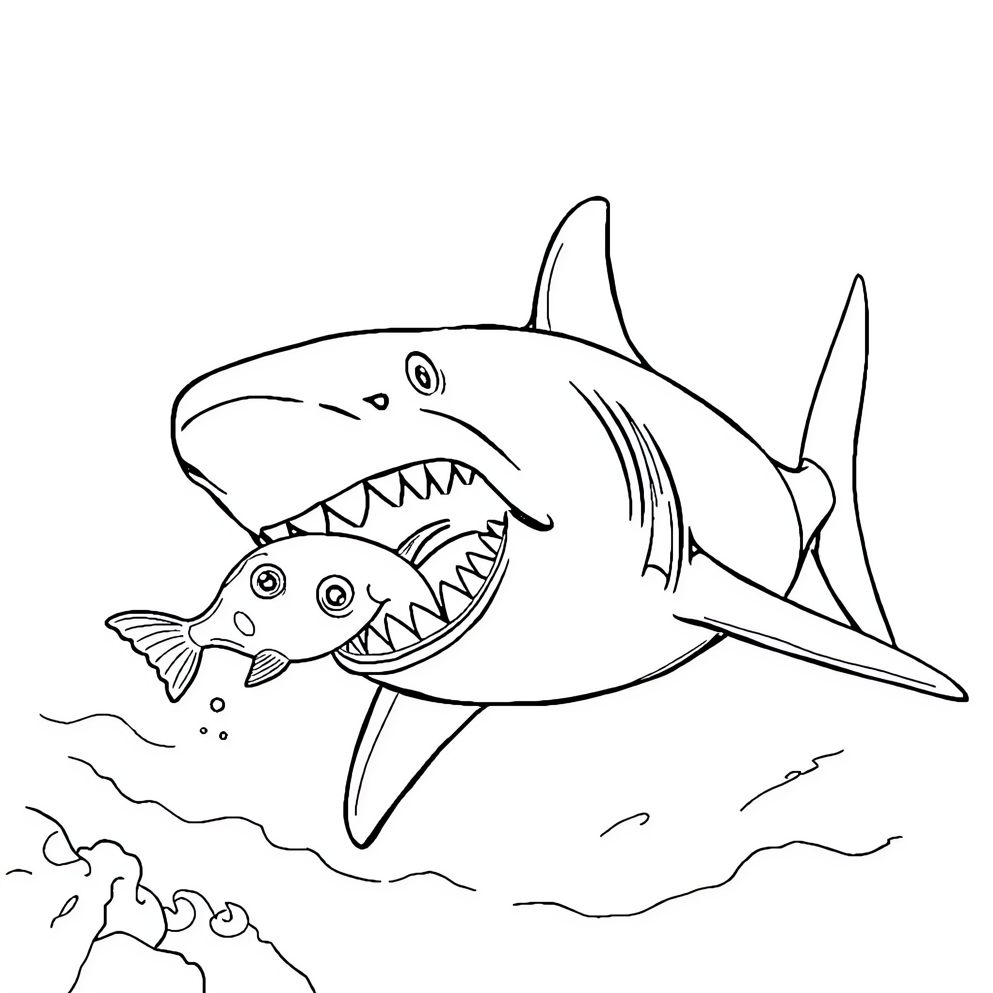 Shark chasing prey in the ocean Coloring Page (free black-and-white line drawing printable PDF for all, from beginners to advanced learners, including children, teens, adults, and seniors)