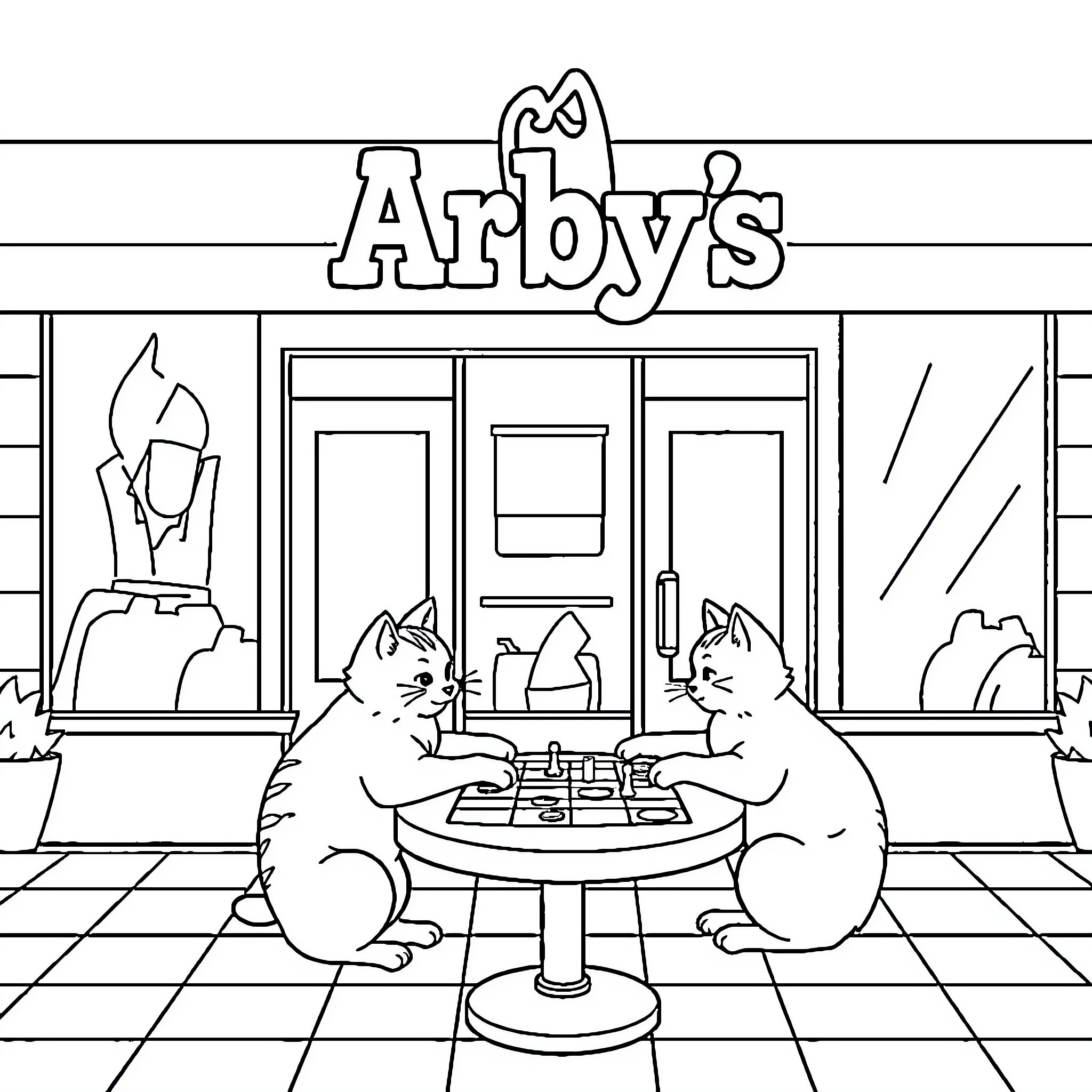 Cats relaxing at Arby's restaurant Coloring Page (free black-and-white line drawing printable PDF for all, from beginners to advanced learners, including children, teens, adults, and seniors)