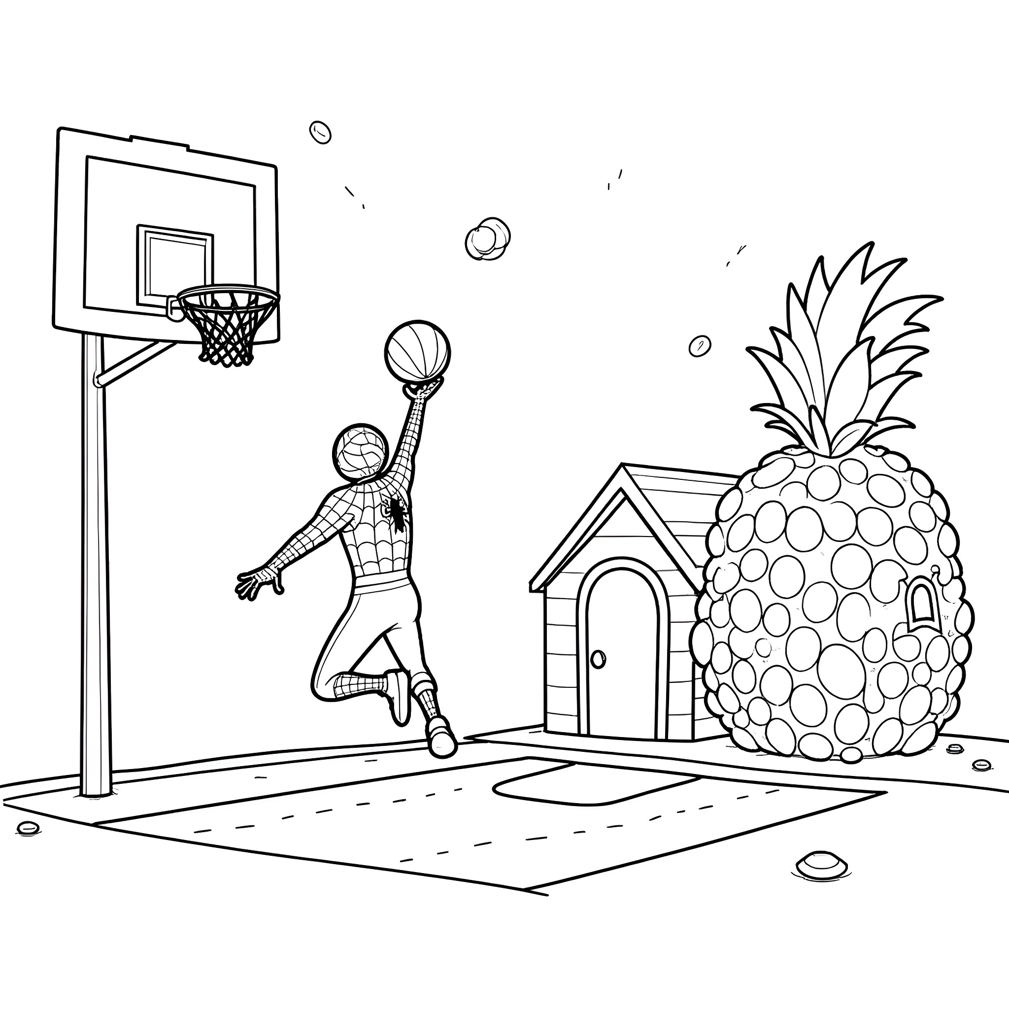 Spiderman playing basketball near a pineapple house Coloring Page (free black-and-white line drawing printable PDF for all, from beginners to advanced learners, including children, teens, adults, and seniors)