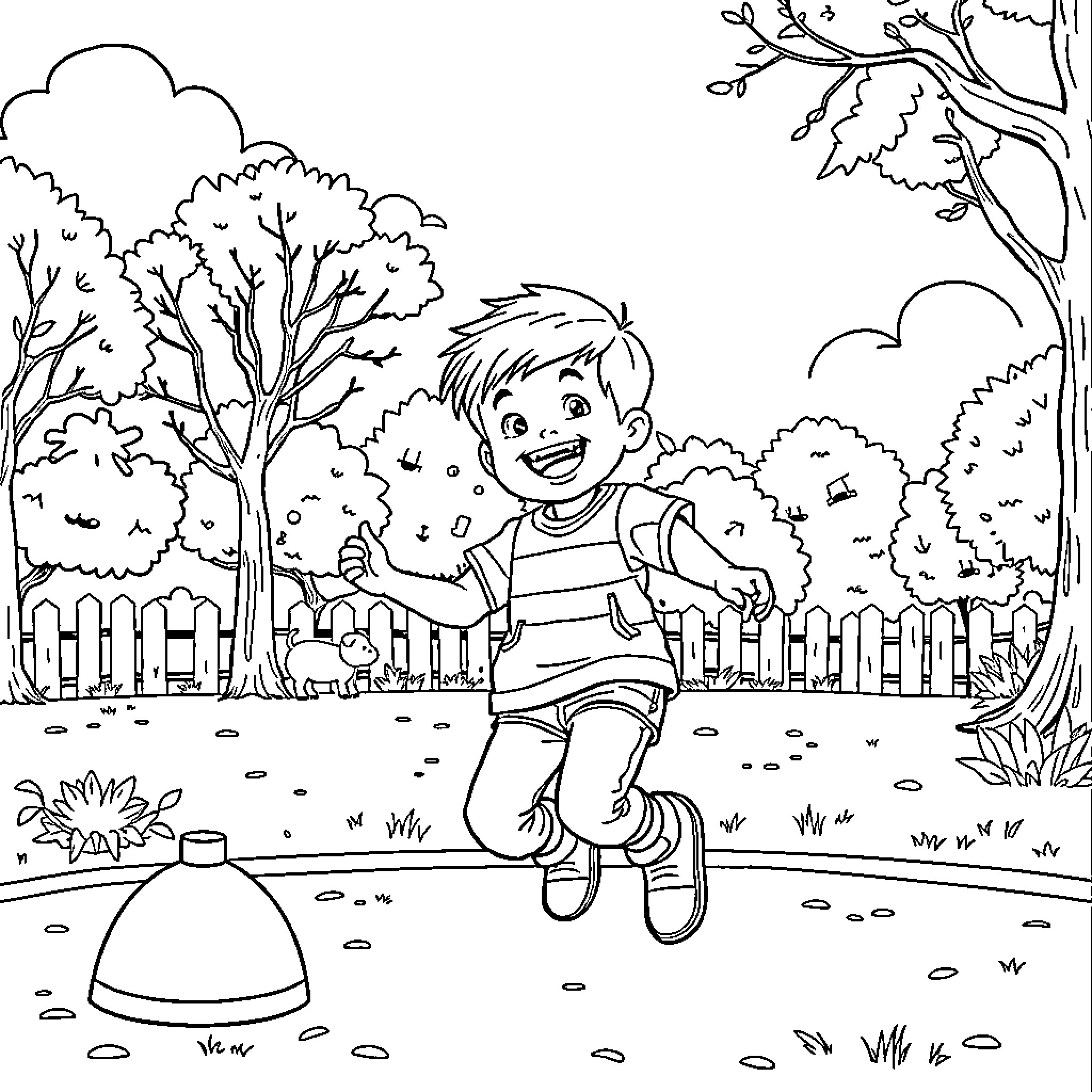Boy happily playing outdoors in a park Coloring Page (free black-and-white line drawing printable PDF for all, from beginners to advanced learners, including children, teens, adults, and seniors)