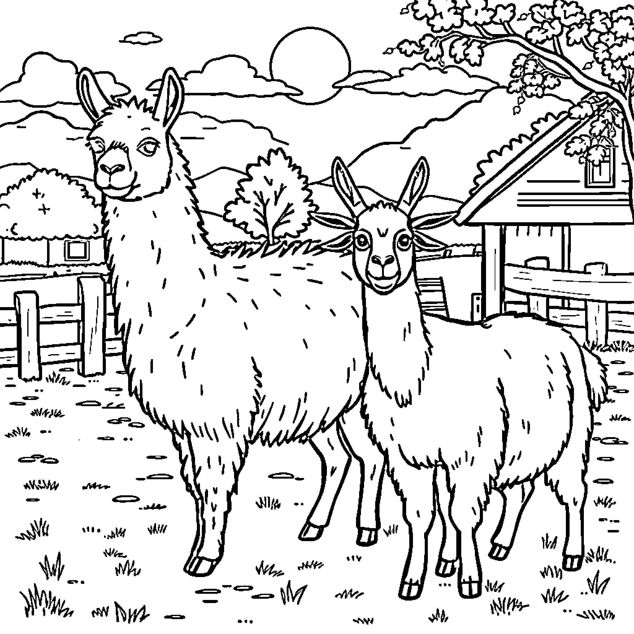 Llamas enjoying the rural scenery Coloring Page (free black-and-white line drawing printable PDF for all, from beginners to advanced learners, including children, teens, adults, and seniors)