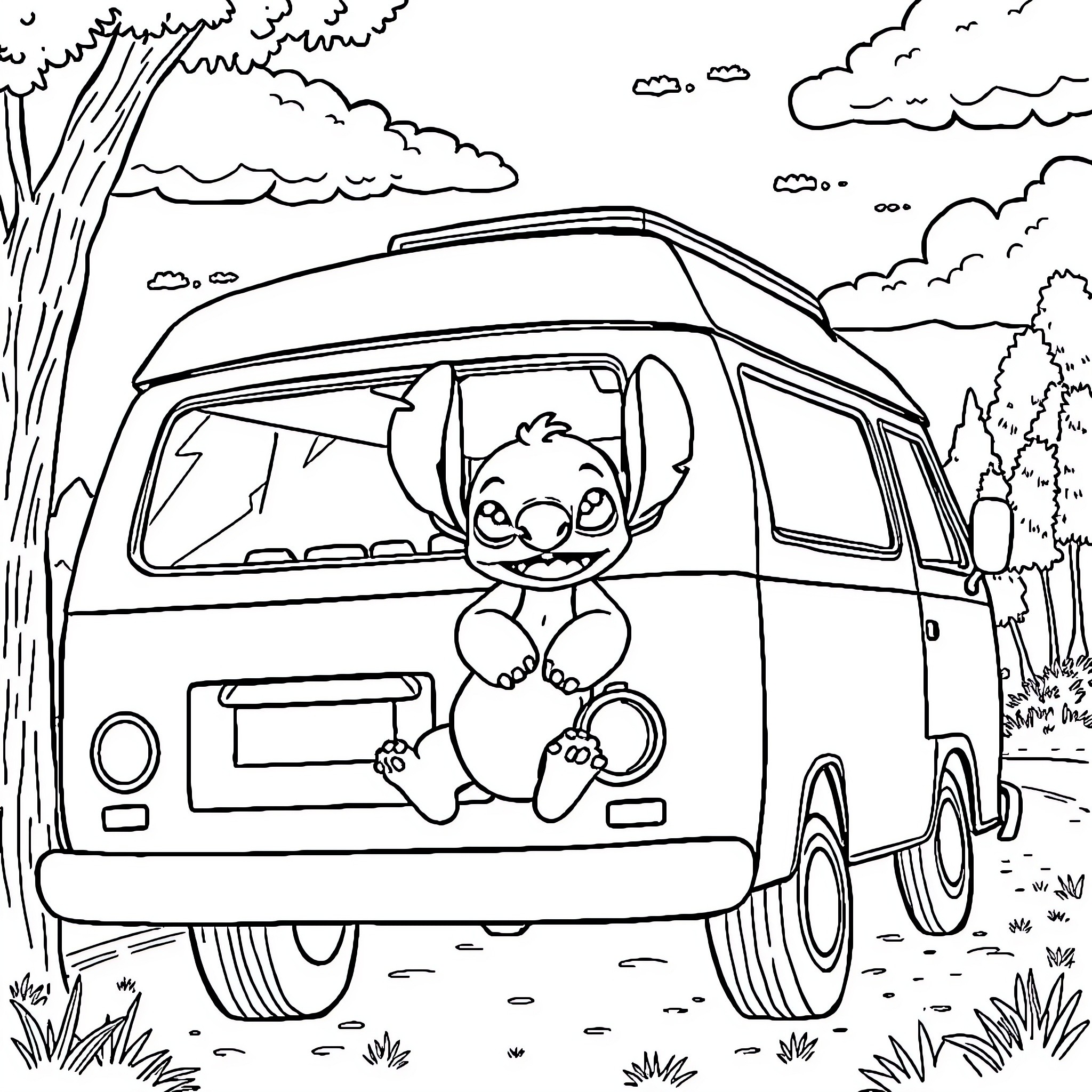 Van with Friendly Passenger on Nature Adventure Coloring Page (free black-and-white line drawing printable PDF for all, from beginners to advanced learners, including children, teens, adults, and seniors)
