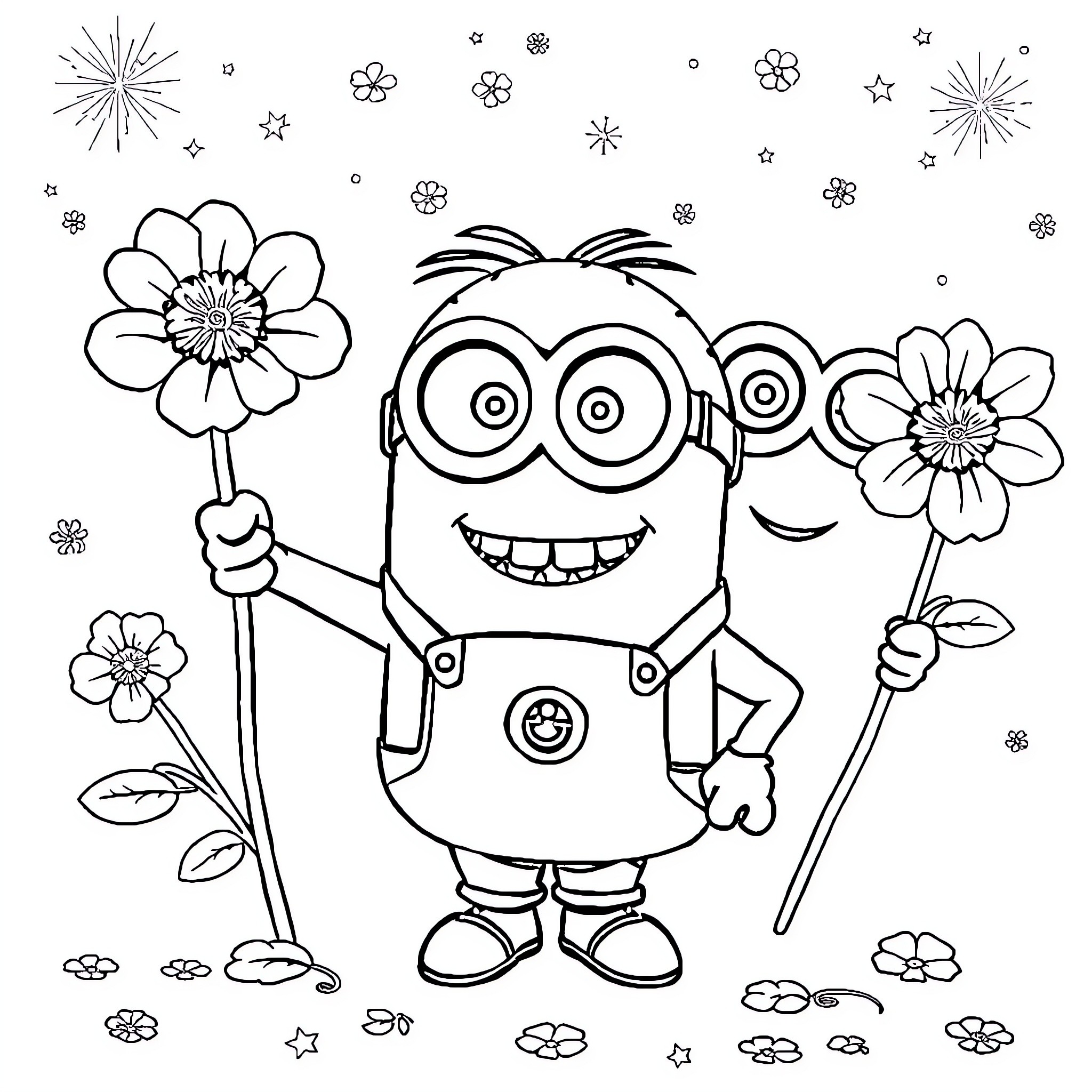 Minion holding colorful flowers with stars Coloring Page (free black-and-white line drawing printable PDF for all, from beginners to advanced learners, including children, teens, adults, and seniors)