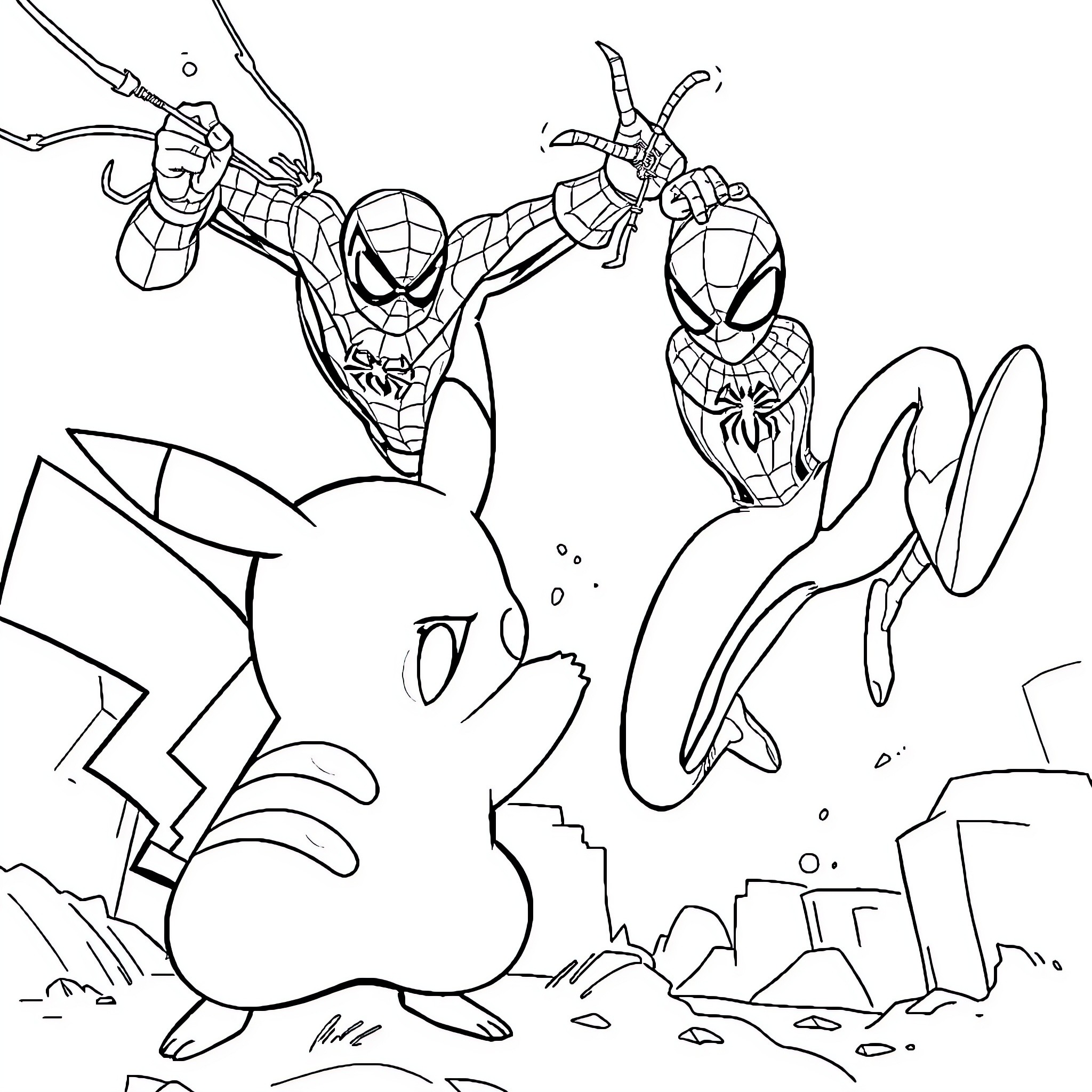 Pikachu battles Spider-Man in an action-packed scene Coloring Page (free black-and-white line drawing printable PDF for all, from beginners to advanced learners, including children, teens, adults, and seniors)