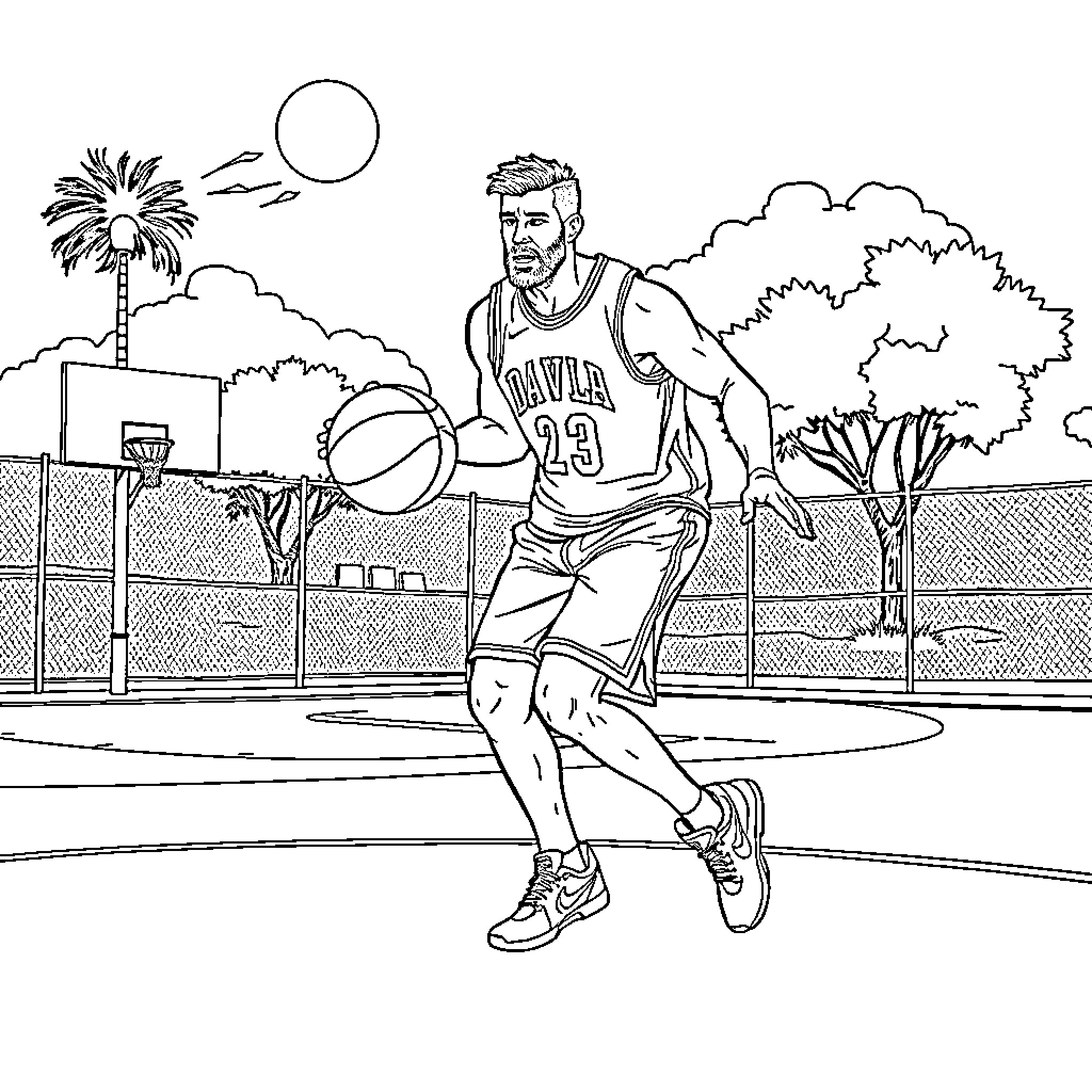 David Gunn playing basketball on the court Coloring Page (free black-and-white line drawing printable PDF for all, from beginners to advanced learners, including children, teens, adults, and seniors)