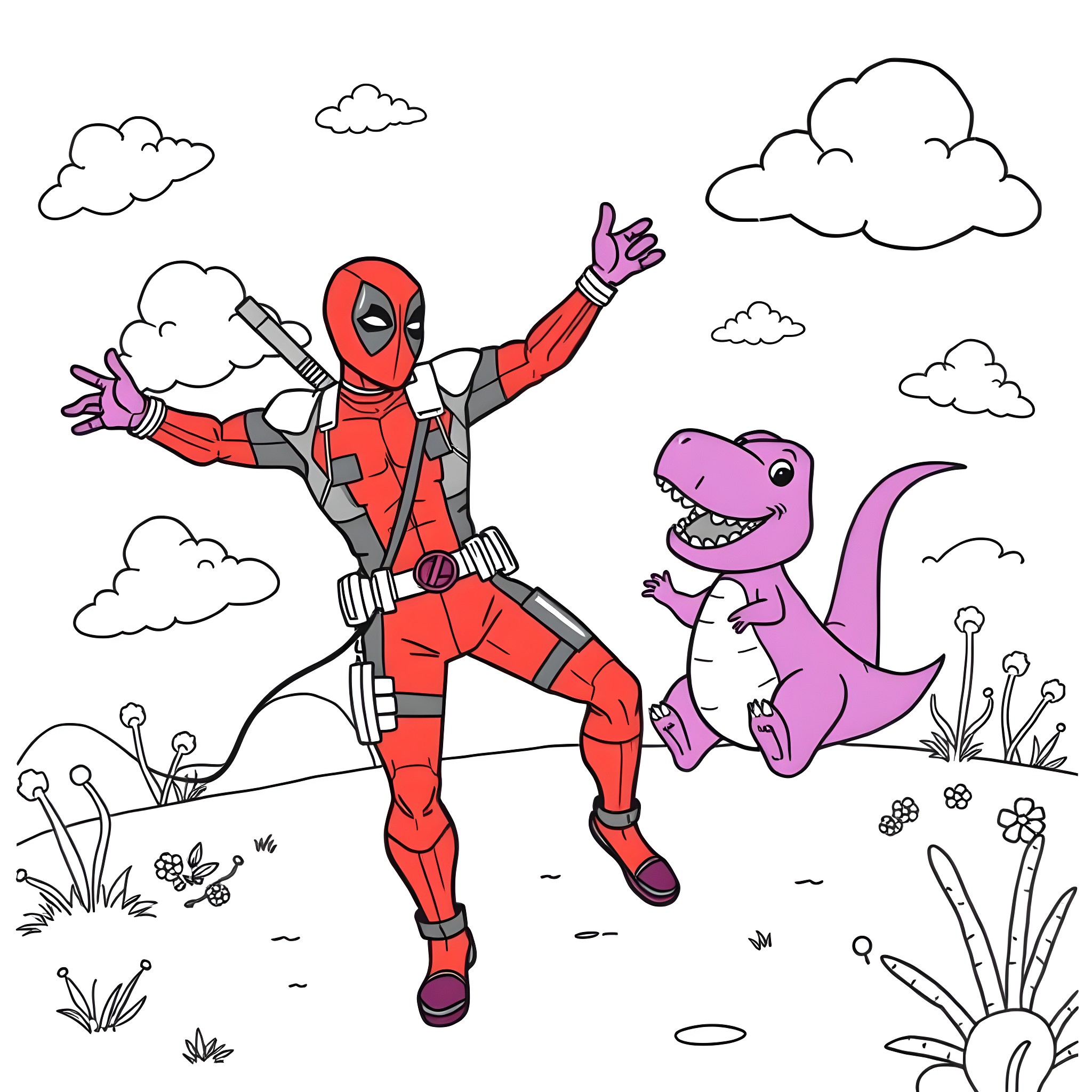 Deadpool in an energetic pose with a friendly dinosaur Coloring Page (free black-and-white line drawing printable PDF for all, from beginners to advanced learners, including children, teens, adults, and seniors)