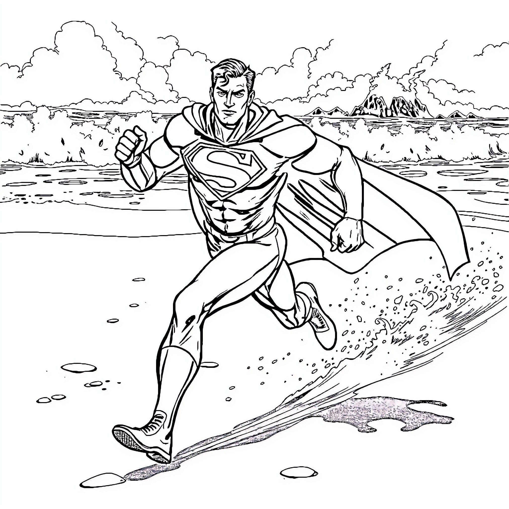 Superman soaring through the sky with determination Coloring Page (free black-and-white line drawing printable PDF for all, from beginners to advanced learners, including children, teens, adults, and seniors)