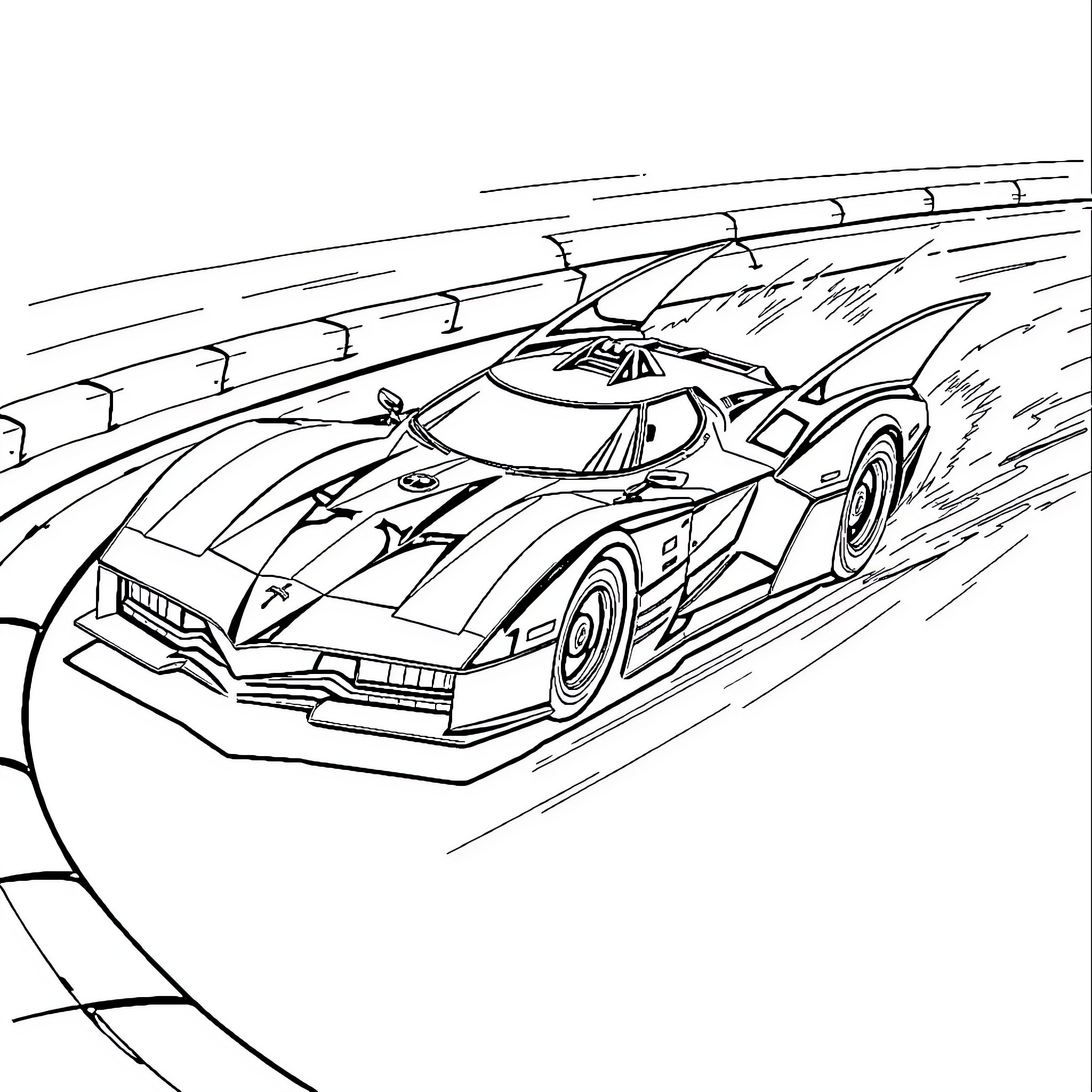 Batman's Futuristic Batmobile in High-Speed Chase Coloring Page (free black-and-white line drawing printable PDF for all, from beginners to advanced learners, including children, teens, adults, and seniors)