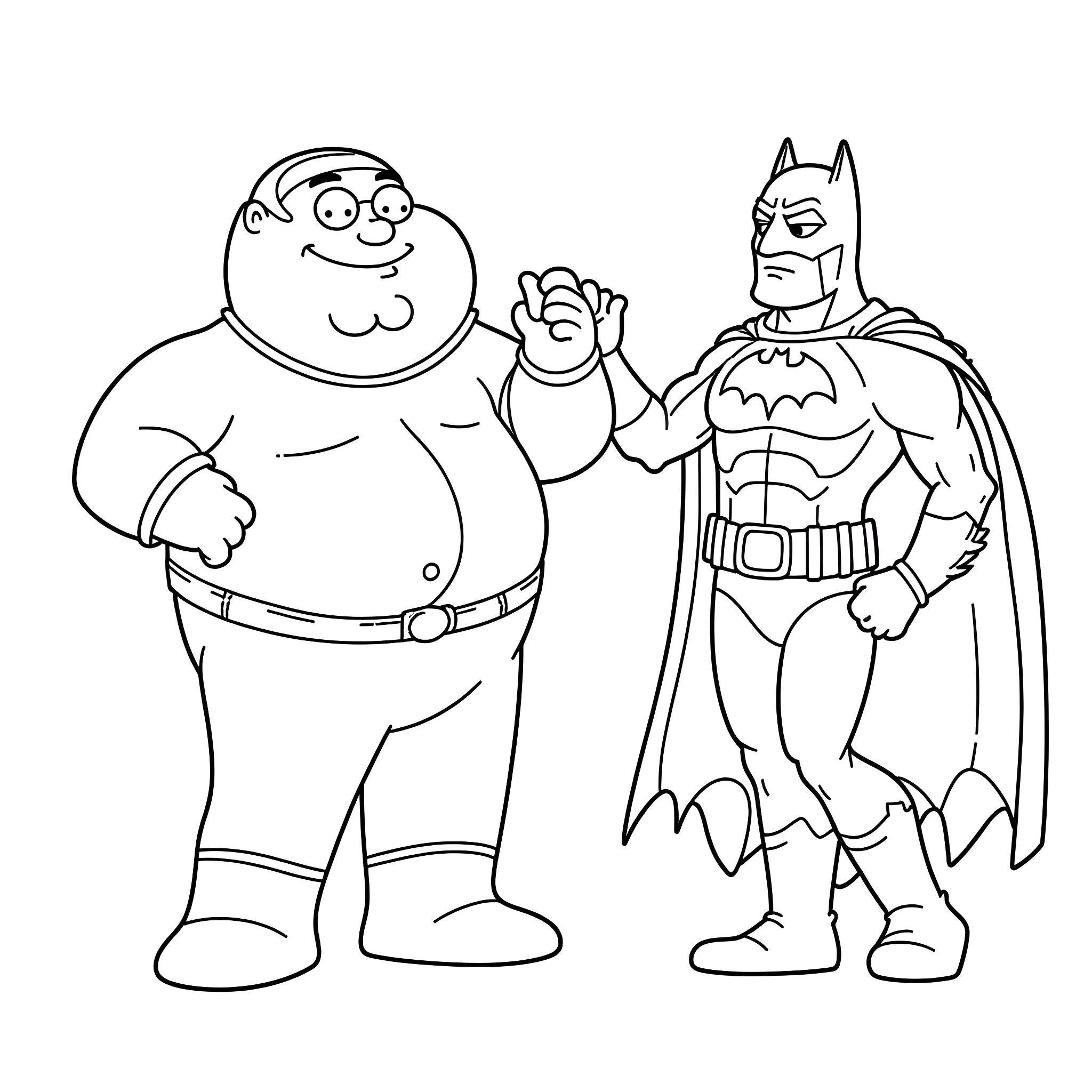 Peter Griffin and Batman interacting in a playful manner Coloring Page (free black-and-white line drawing printable PDF for all, from beginners to advanced learners, including children, teens, adults, and seniors)