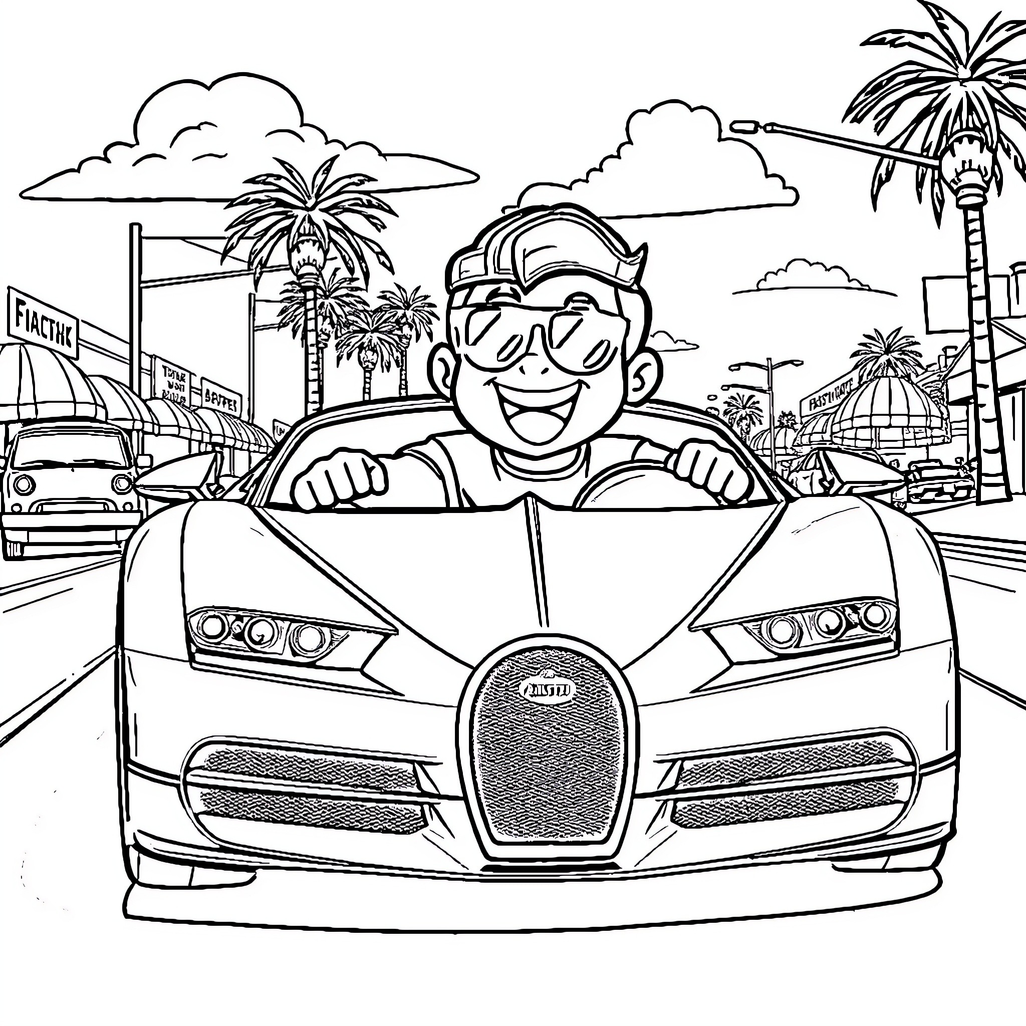 Frank's Exciting Ride in the Sports Car Coloring Page (free black-and-white line drawing printable PDF for all, from beginners to advanced learners, including children, teens, adults, and seniors)