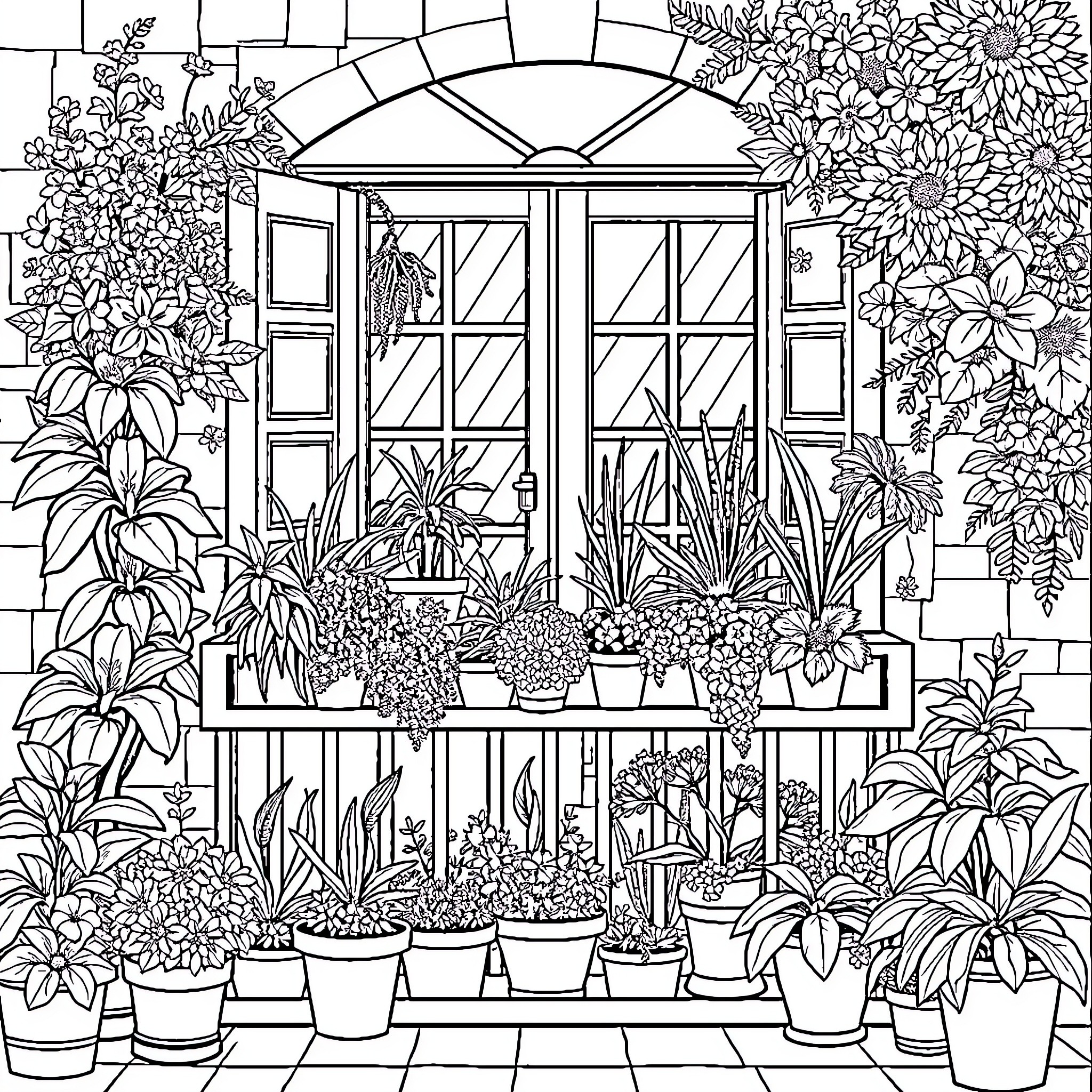 Plant-filled greenhouse with ornate window and floral display Coloring Page (free black-and-white line drawing printable PDF for all, from beginners to advanced learners, including children, teens, adults, and seniors)
