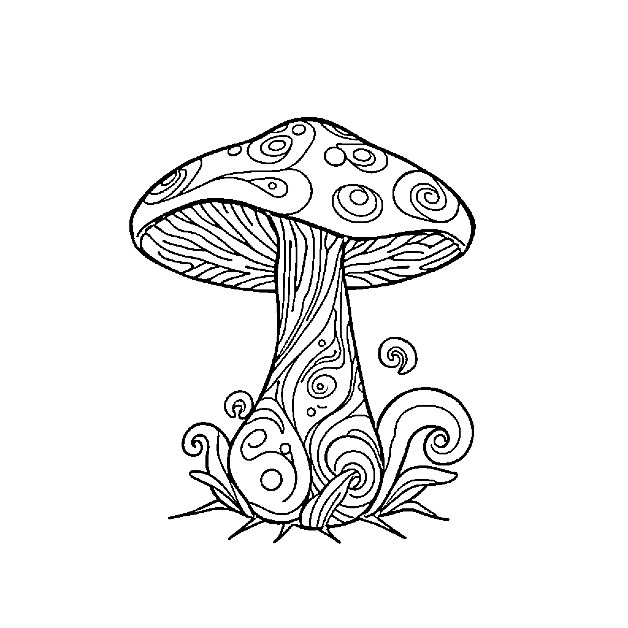 Mushroom with intricate pattern and swirls Coloring Page (free black-and-white line drawing printable PDF for all, from beginners to advanced learners, including children, teens, adults, and seniors)