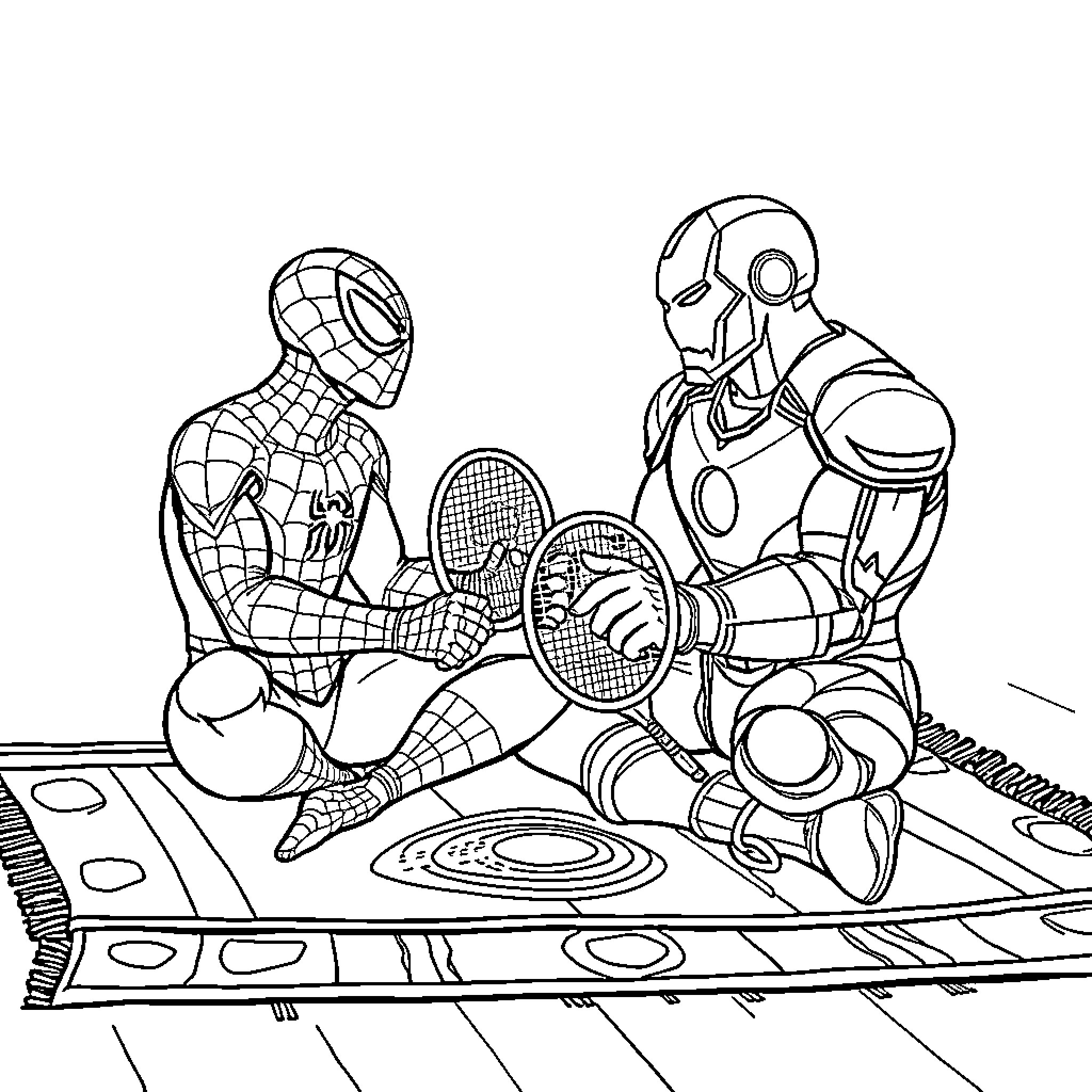 Spider-Man and Iron Man engage in a playful battle Coloring Page (free black-and-white line drawing printable PDF for all, from beginners to advanced learners, including children, teens, adults, and seniors)