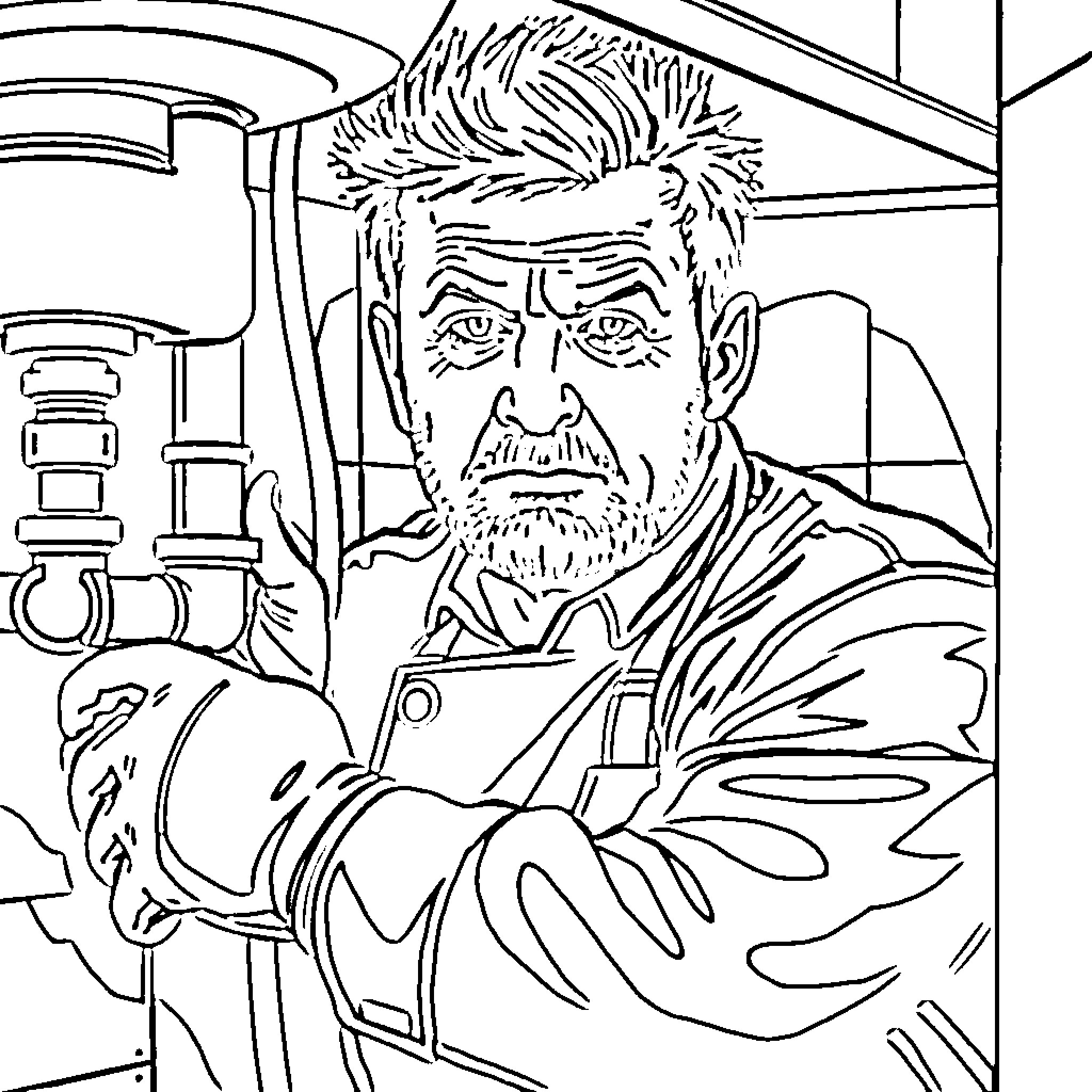 Gordon Ramsey Intensely Focused in the Kitchen Coloring Page (free black-and-white line drawing printable PDF for all, from beginners to advanced learners, including children, teens, adults, and seniors)