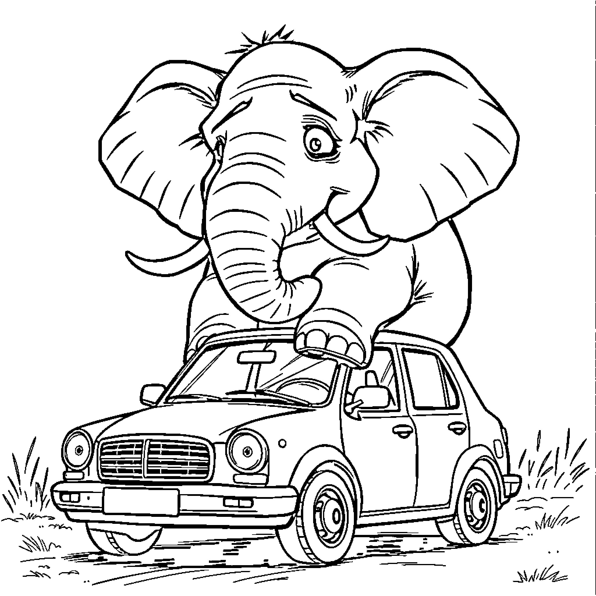 Elephant Enjoying a Ride in a Vintage Car Coloring Page (free black-and-white line drawing printable PDF for all, from beginners to advanced learners, including children, teens, adults, and seniors)