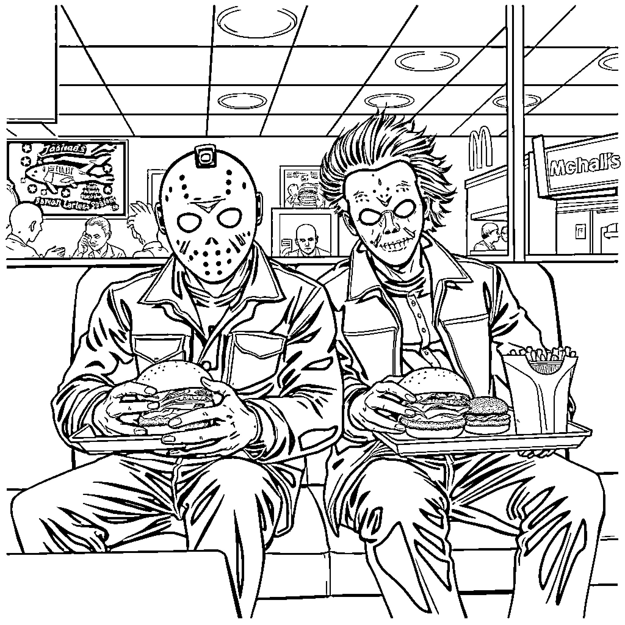 Jason Vorhees and Punk Eating Burgers at Diner Coloring Page (free black-and-white line drawing printable PDF for all, from beginners to advanced learners, including children, teens, adults, and seniors)