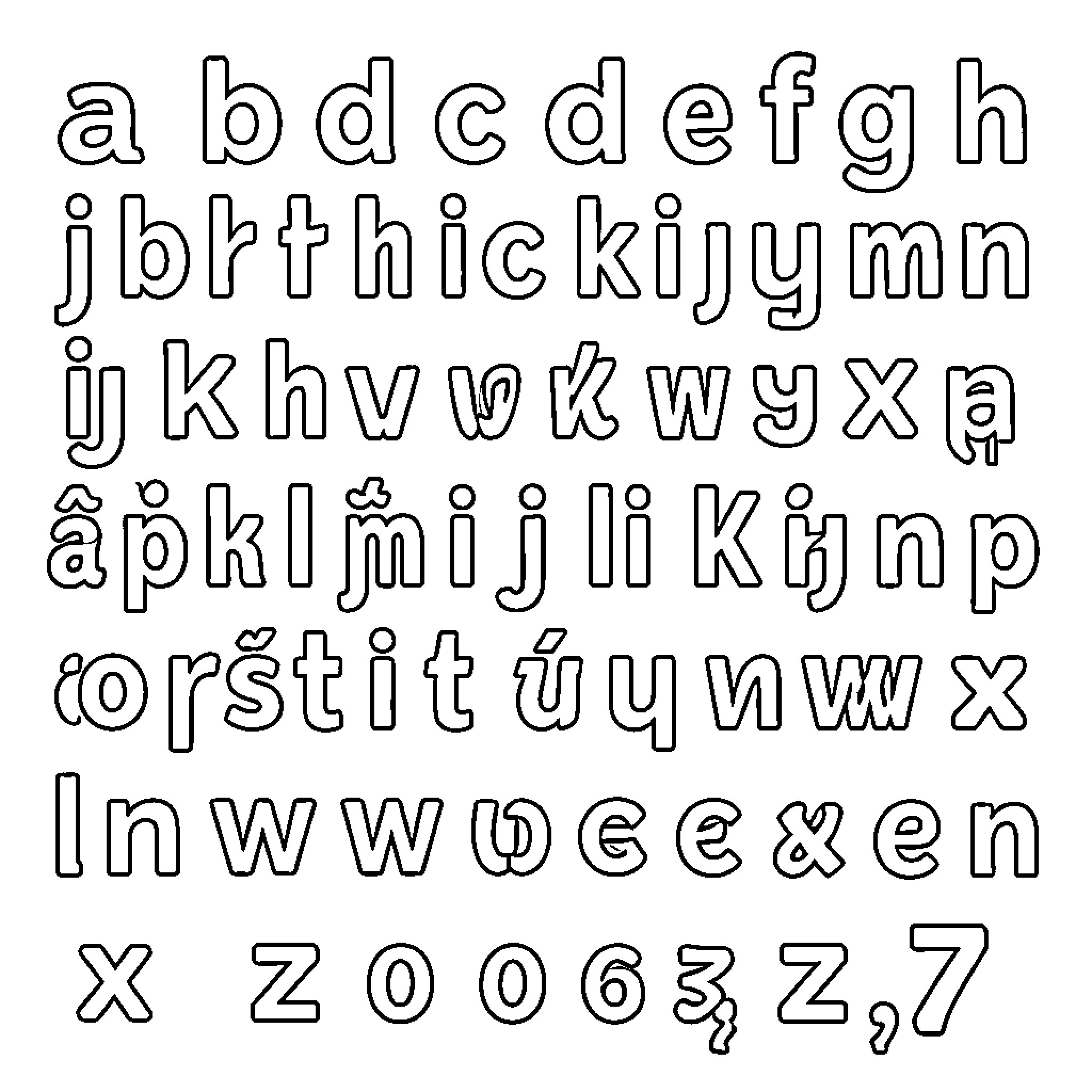Alphabet of Playful Typographic Shapes Coloring Page (free black-and-white line drawing printable PDF for all, from beginners to advanced learners, including children, teens, adults, and seniors)