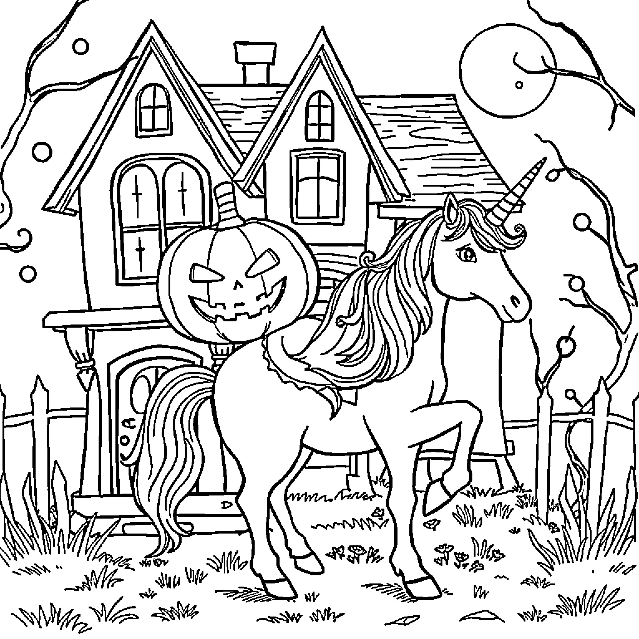 Pumpkin Unicorn's Haunted House Adventure Coloring Page (free black-and-white line drawing printable PDF for all, from beginners to advanced learners, including children, teens, adults, and seniors)