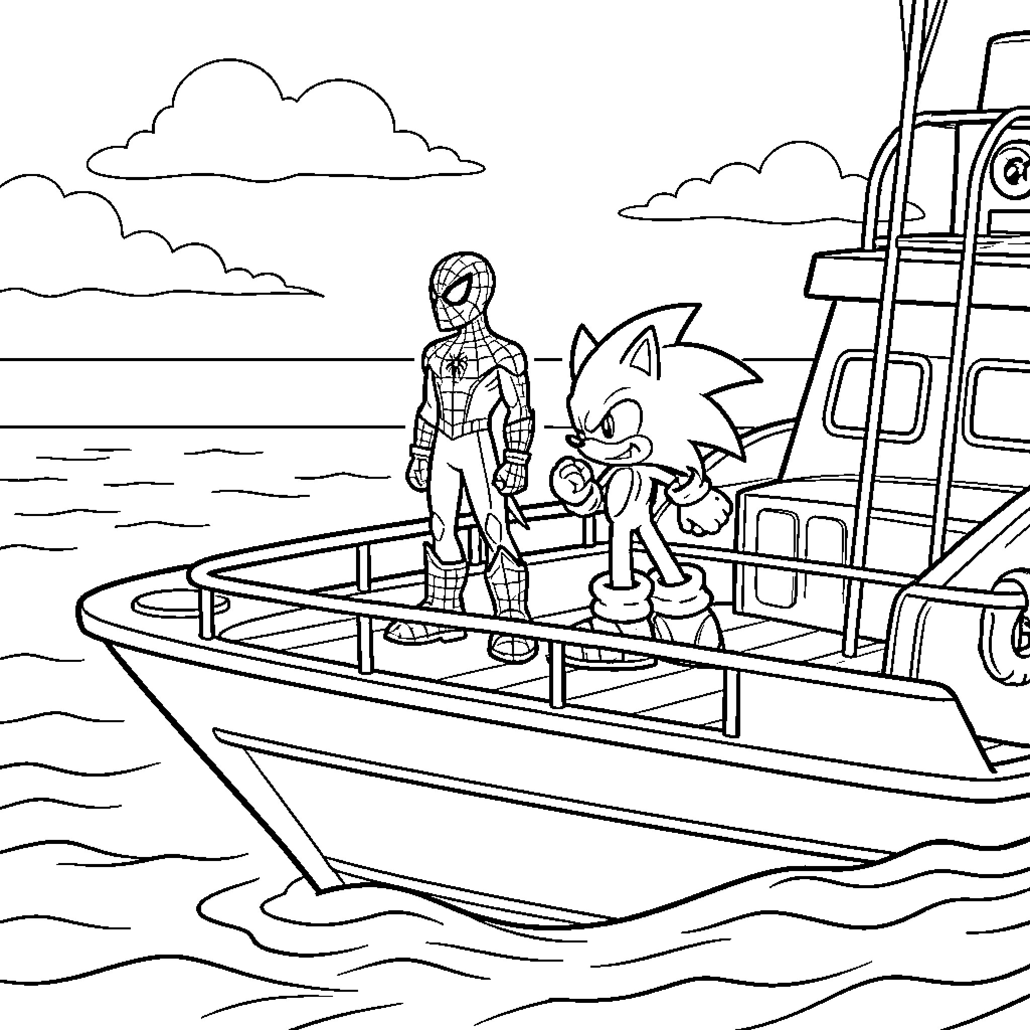 Spiderman and Sonic standing together on a boat Coloring Page (free black-and-white line drawing printable PDF for all, from beginners to advanced learners, including children, teens, adults, and seniors)