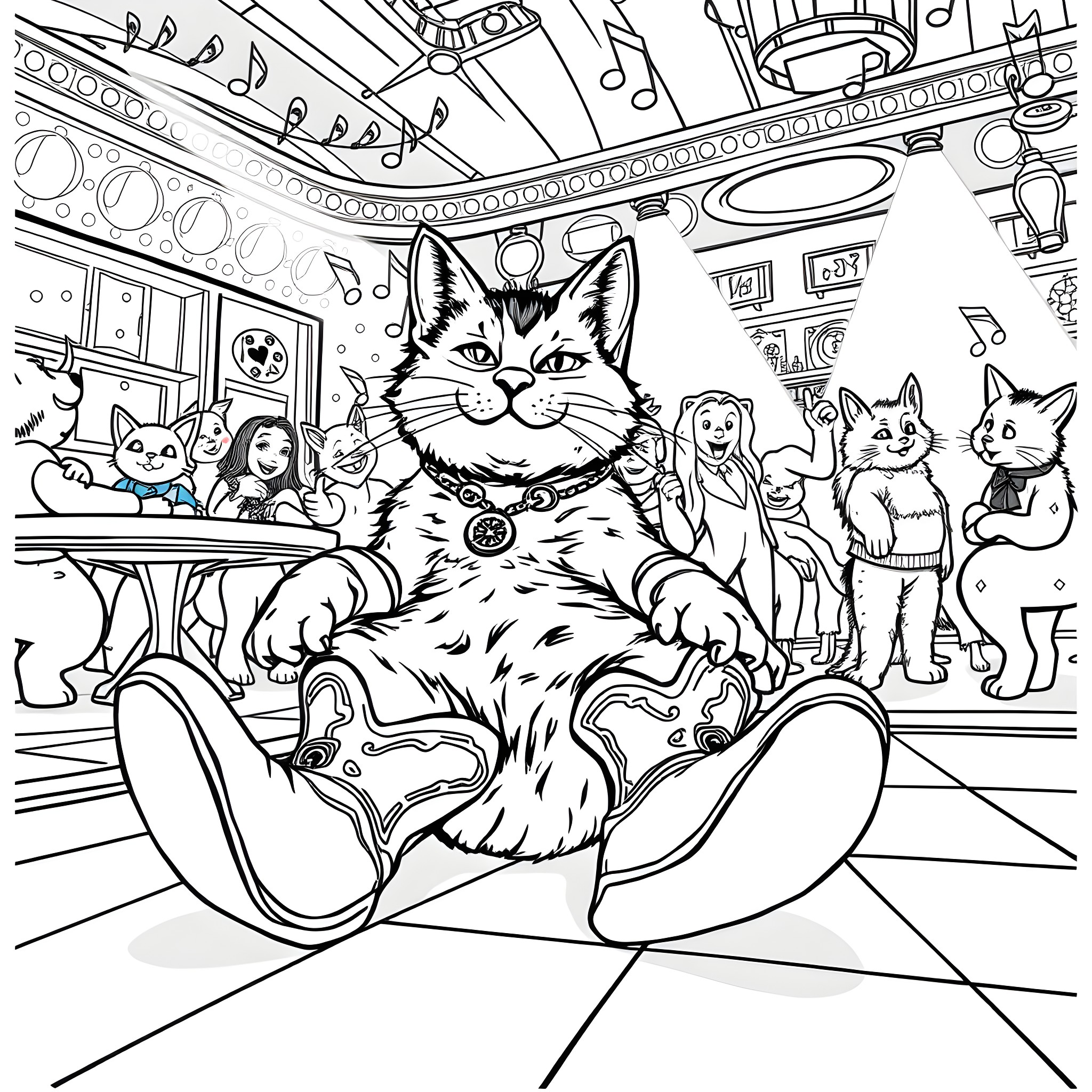 Cats performing on stage in a music show Coloring Page (free black-and-white line drawing printable PDF for all, from beginners to advanced learners, including children, teens, adults, and seniors)