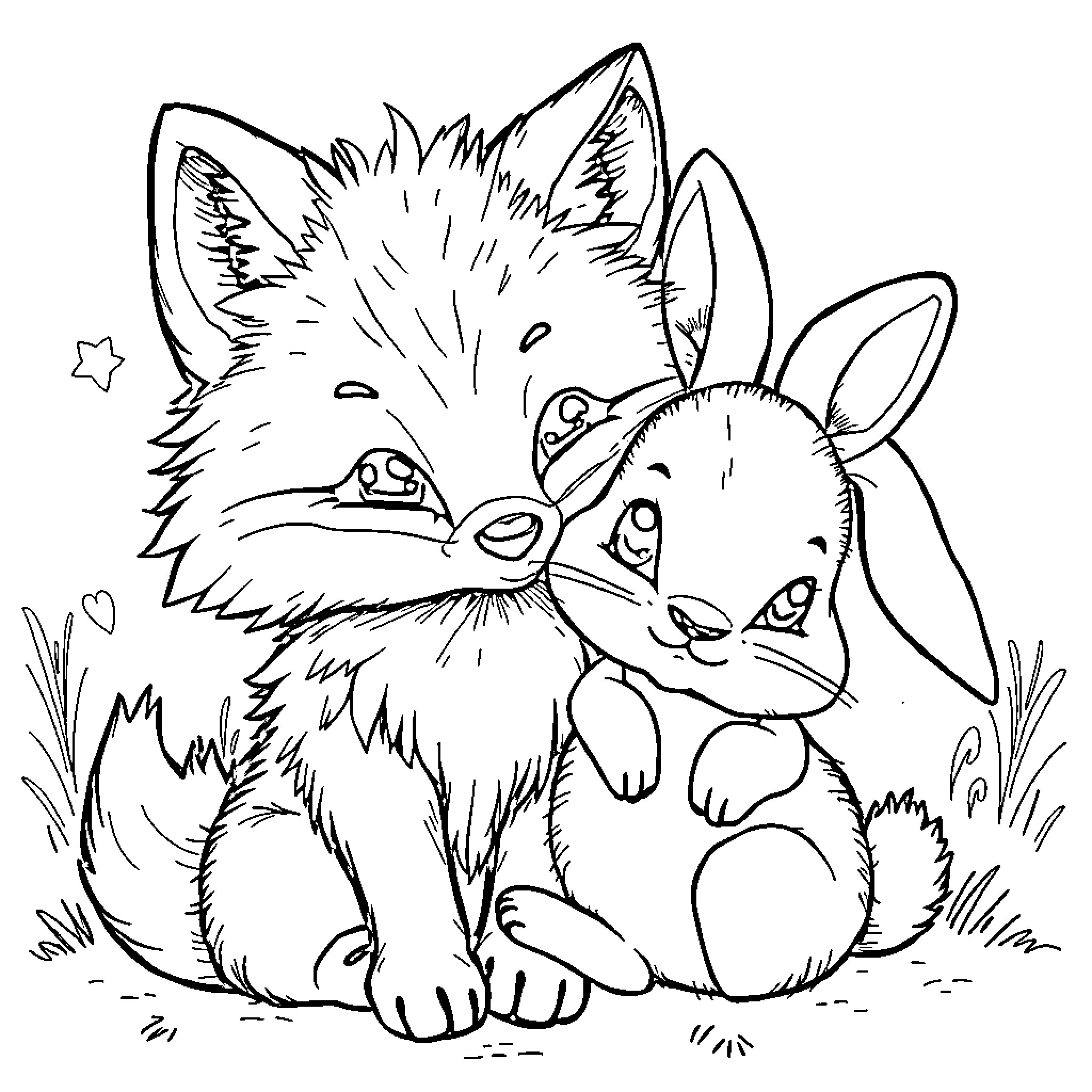 Fox cuddling with adorable rabbit in forest Coloring Page (free black-and-white line drawing printable PDF for all, from beginners to advanced learners, including children, teens, adults, and seniors)