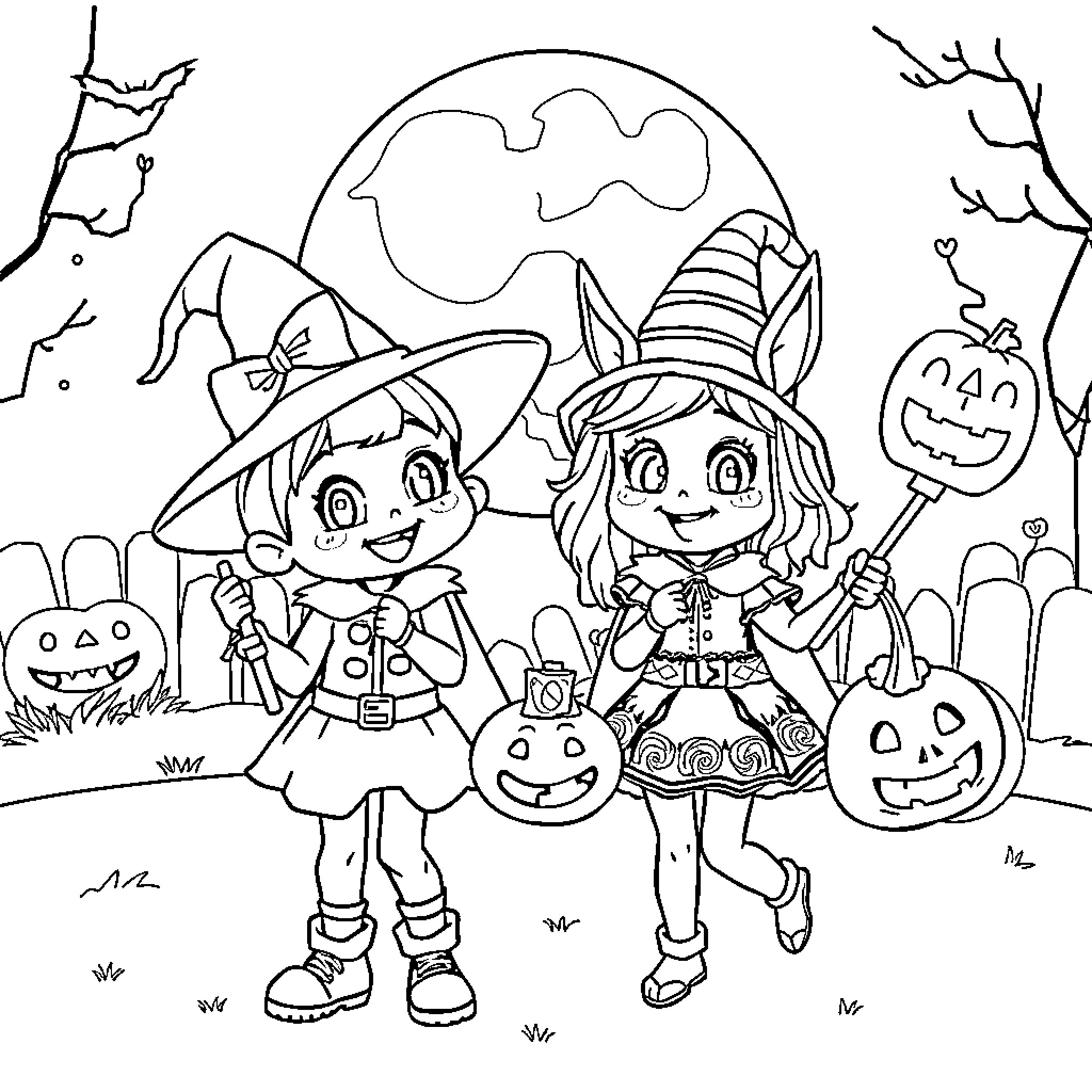Dindin's Spooky Halloween Adventure Coloring Page (free black-and-white line drawing printable PDF for all, from beginners to advanced learners, including children, teens, adults, and seniors)