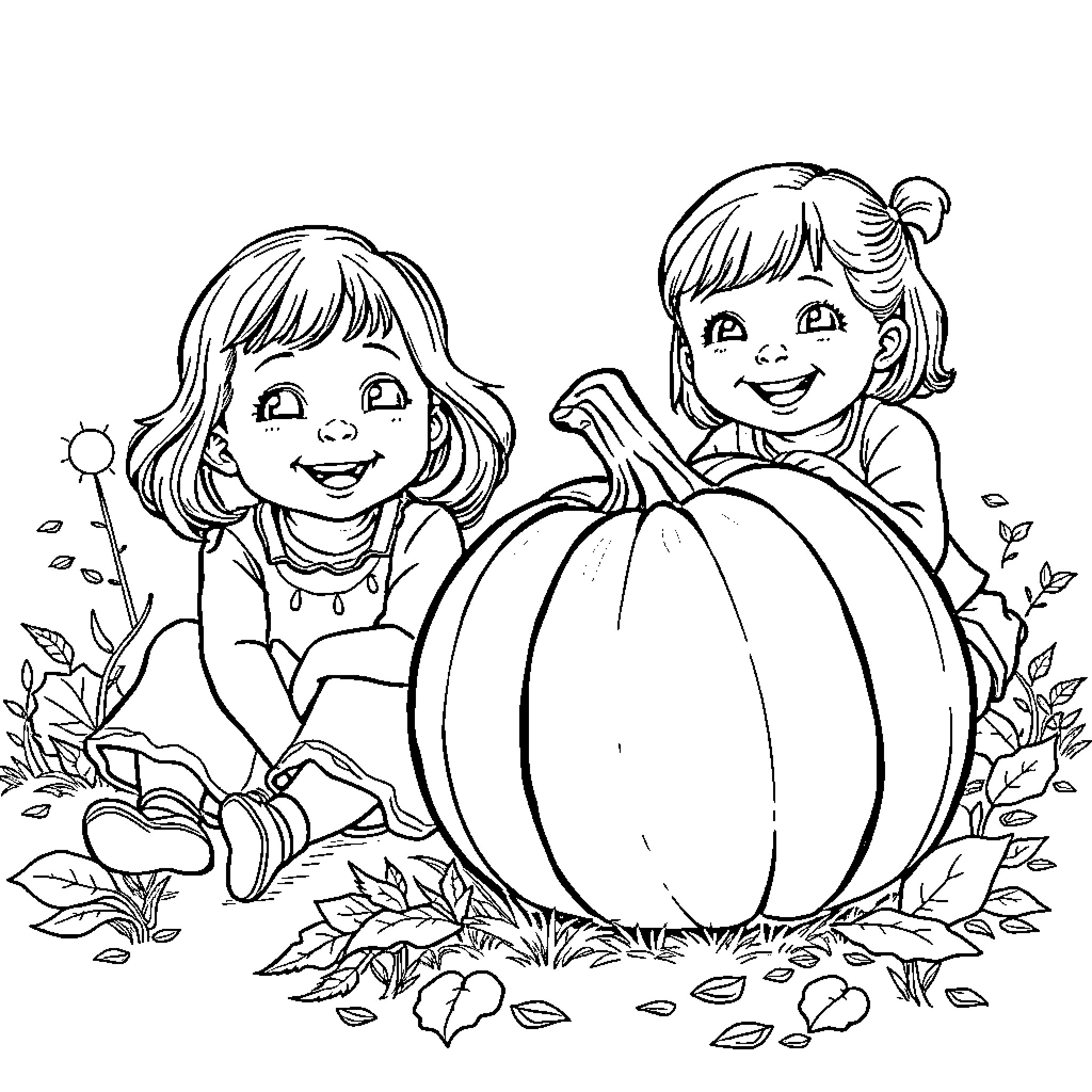 Pumpkin Picking Fun with Friends Coloring Page (free black-and-white line drawing printable PDF for all, from beginners to advanced learners, including children, teens, adults, and seniors)