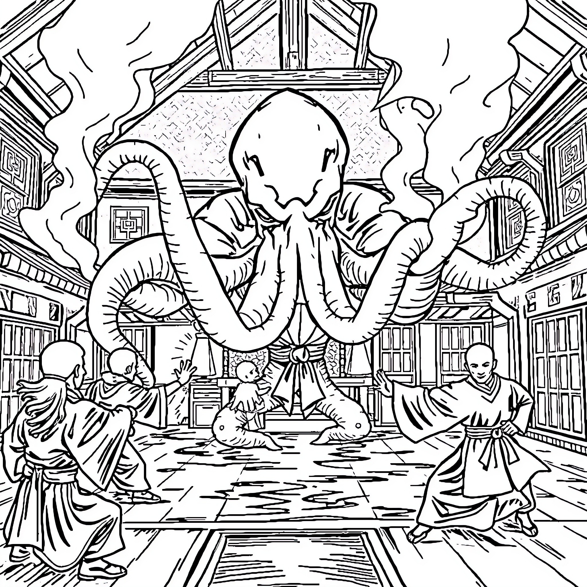 Cthulhu Awakening in Ancient Temple Coloring Page (free black-and-white line drawing printable PDF for all, from beginners to advanced learners, including children, teens, adults, and seniors)