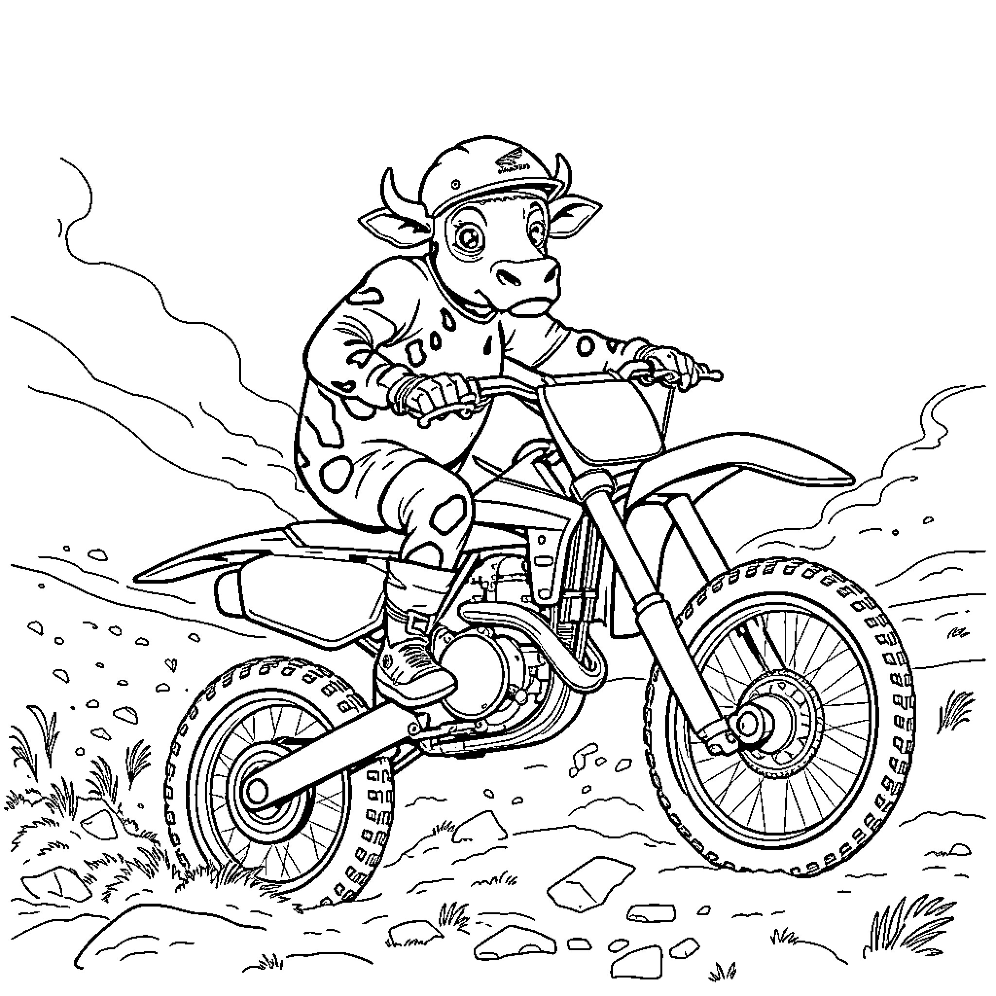 Cow riding a dirt bike through the countryside Coloring Page (free black-and-white line drawing printable PDF for all, from beginners to advanced learners, including children, teens, adults, and seniors)