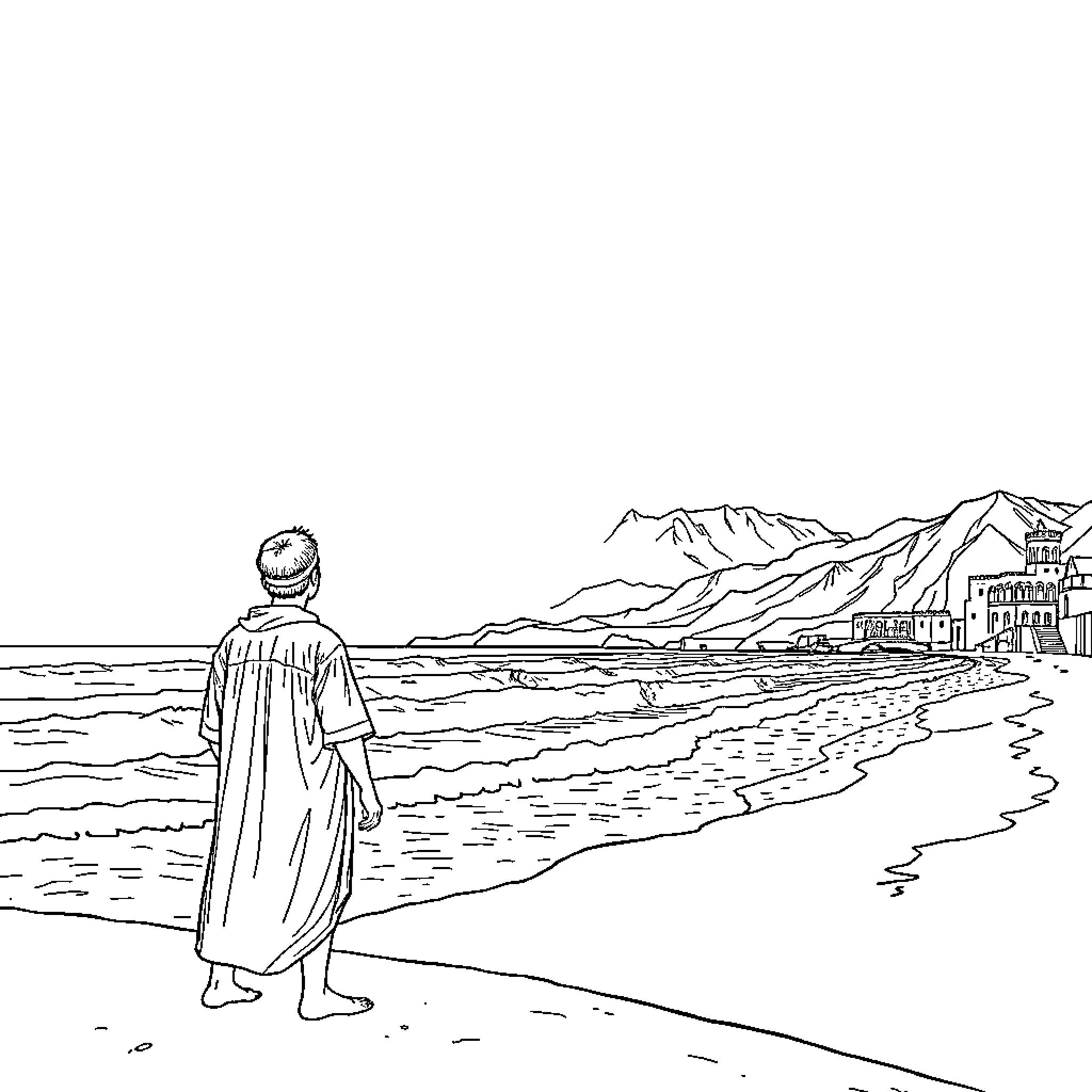 Stitch Walking Alone on the Beach Coloring Page (free black-and-white line drawing printable PDF for all, from beginners to advanced learners, including children, teens, adults, and seniors)