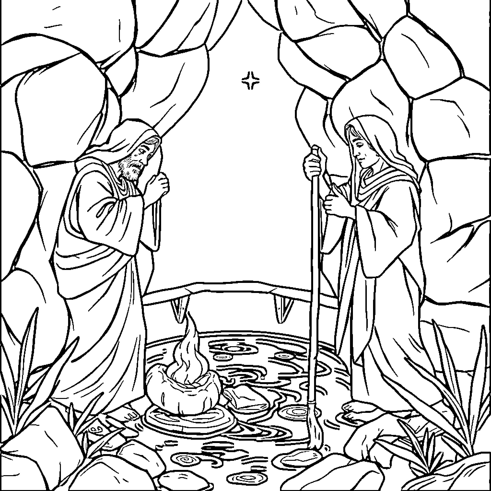Josue's Divine Encounter in the Wilderness Coloring Page (free black-and-white line drawing printable PDF for all, from beginners to advanced learners, including children, teens, adults, and seniors)