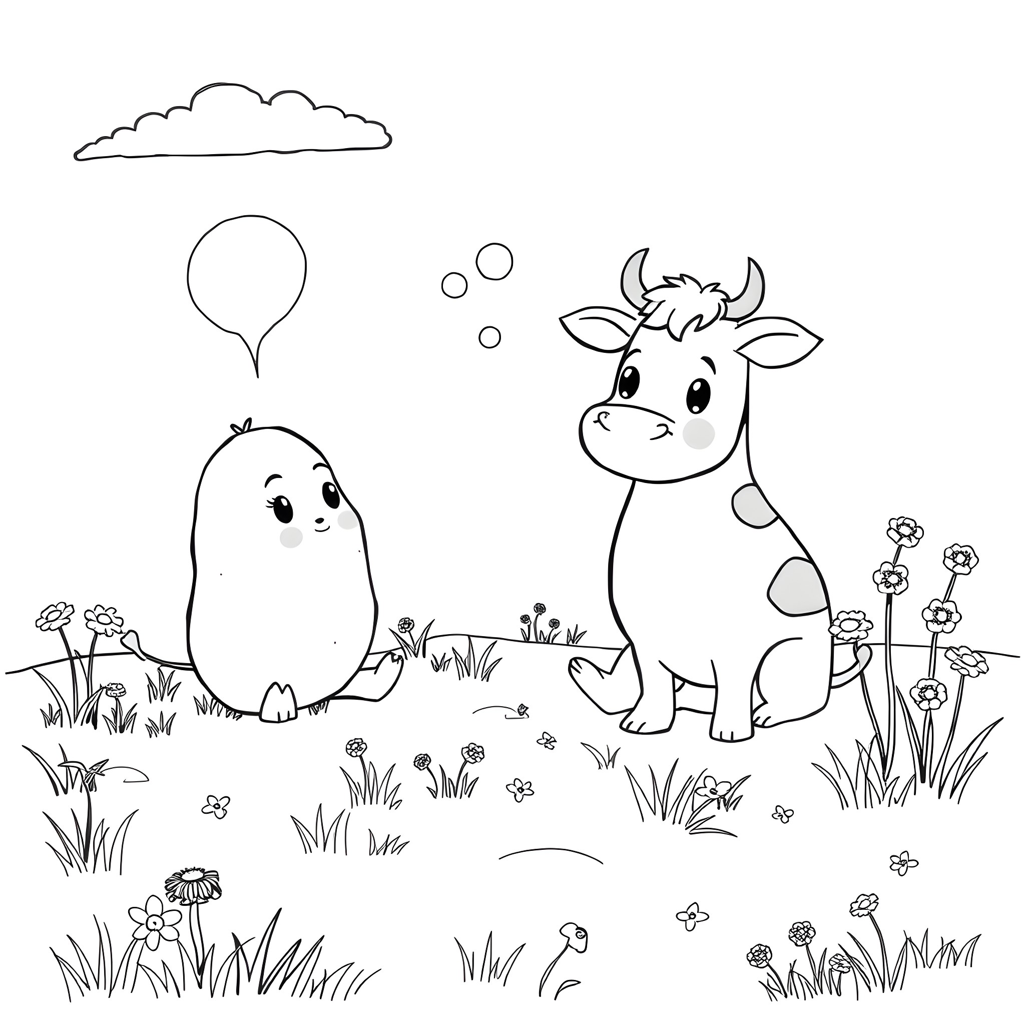 Cow and ghost playing in the meadow Coloring Page (free black-and-white line drawing printable PDF for all, from beginners to advanced learners, including children, teens, adults, and seniors)