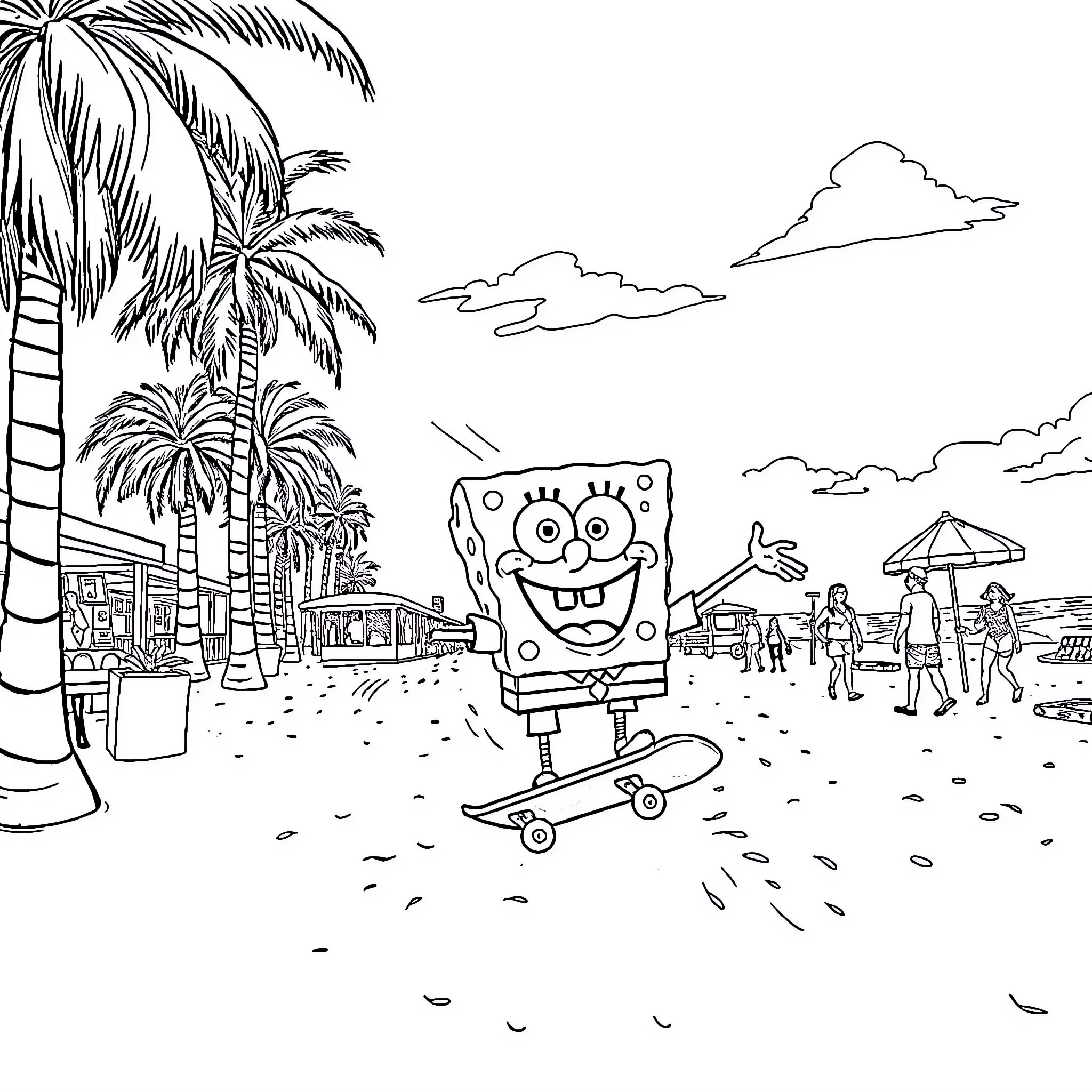 Spongebob enjoying a sunny day at the beach Coloring Page (free black-and-white line drawing printable PDF for all, from beginners to advanced learners, including children, teens, adults, and seniors)
