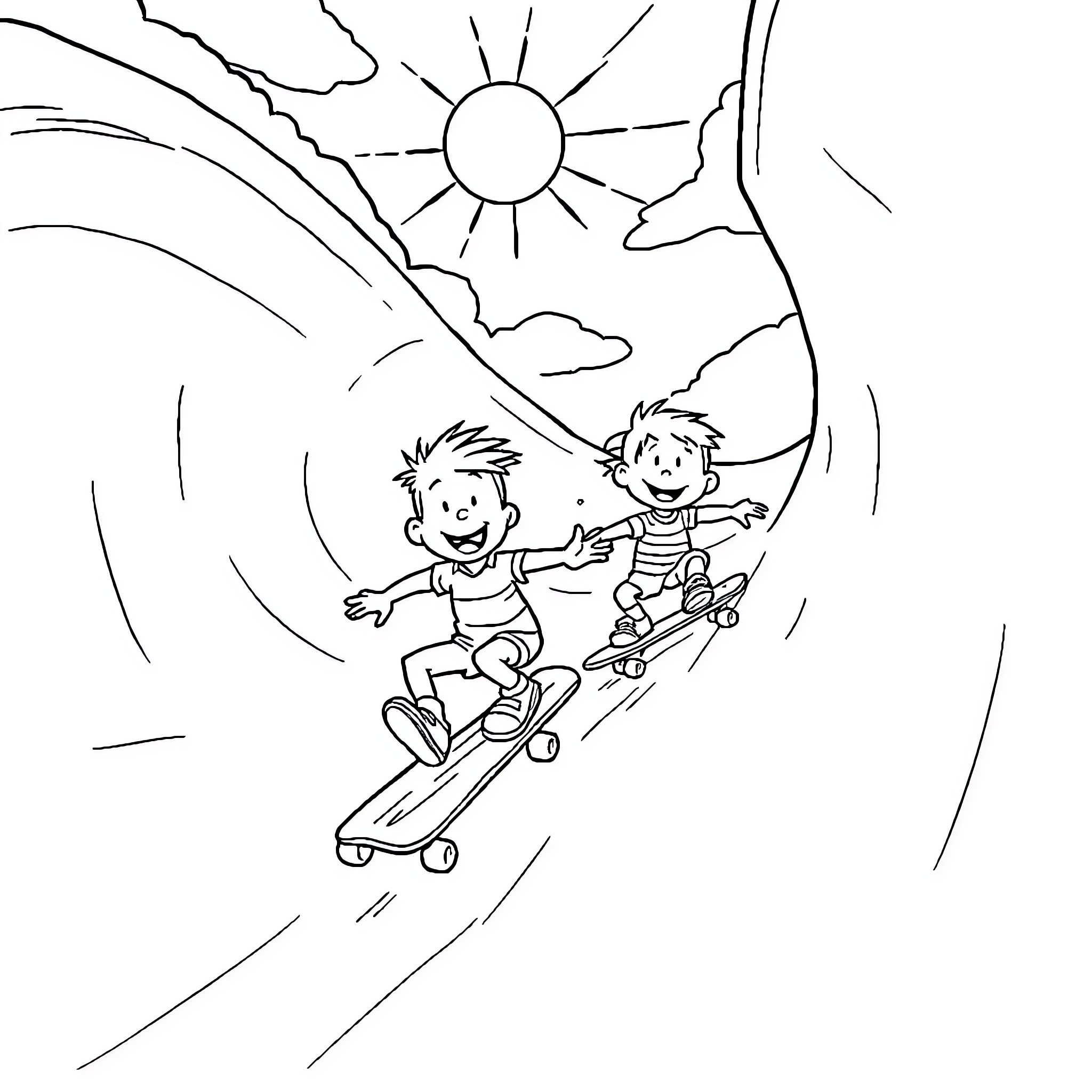 Calvin's Skateboarding Adventure in the Sunshine Coloring Page (free black-and-white line drawing printable PDF for all, from beginners to advanced learners, including children, teens, adults, and seniors)