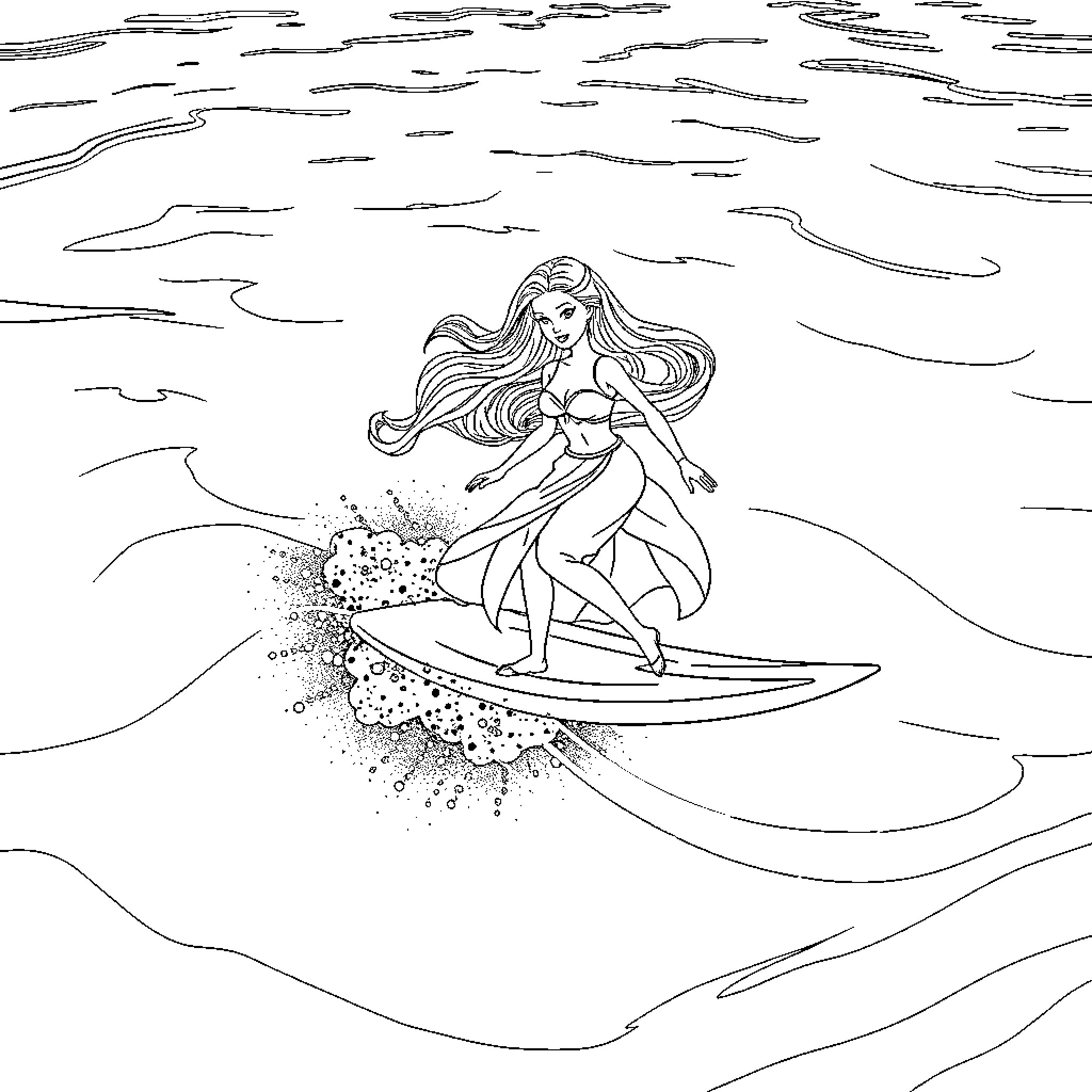 Barbie surfing on waves in the ocean Coloring Page (free black-and-white line drawing printable PDF for all, from beginners to advanced learners, including children, teens, adults, and seniors)