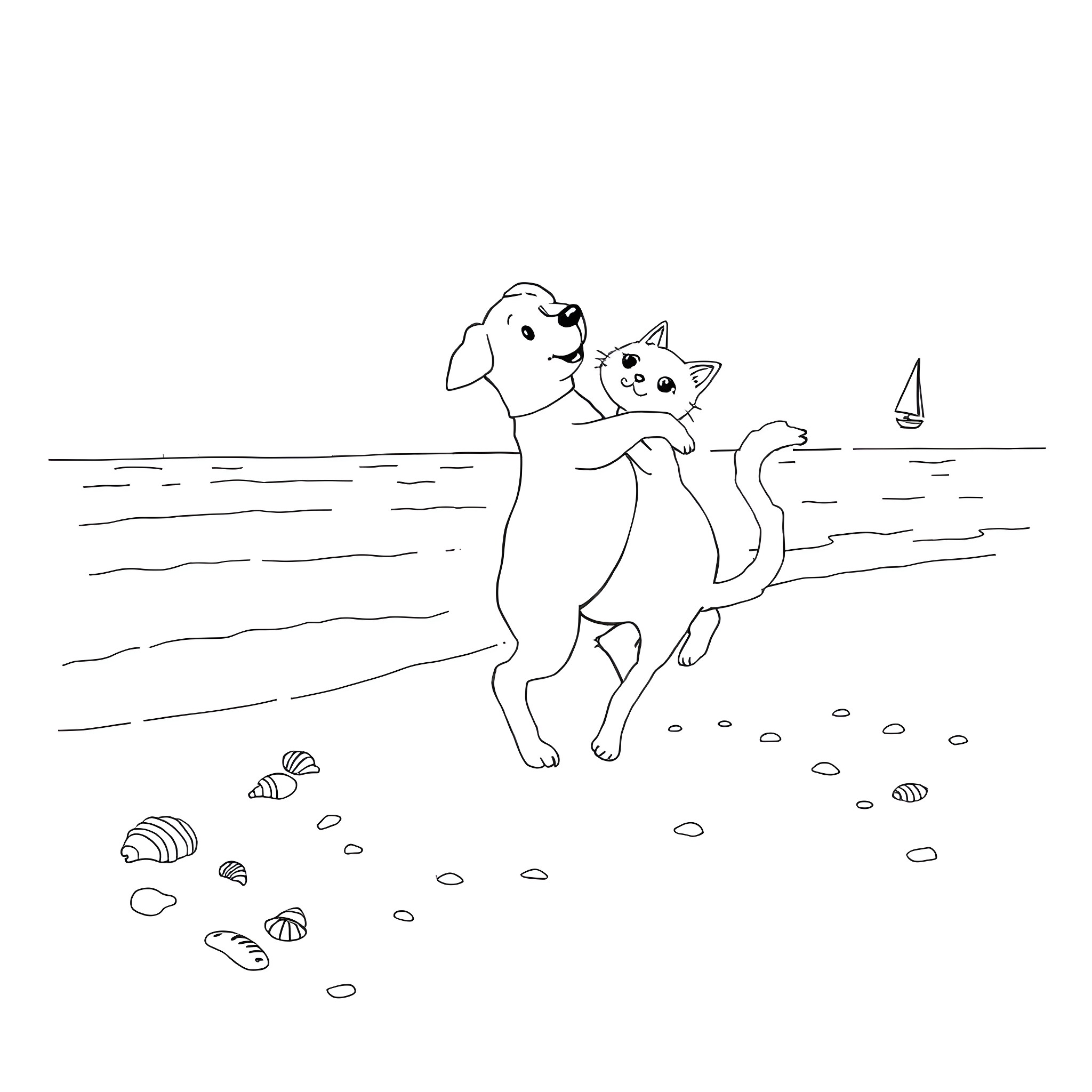 Dog and cat playing on the beach Coloring Page (free black-and-white line drawing printable PDF for all, from beginners to advanced learners, including children, teens, adults, and seniors)