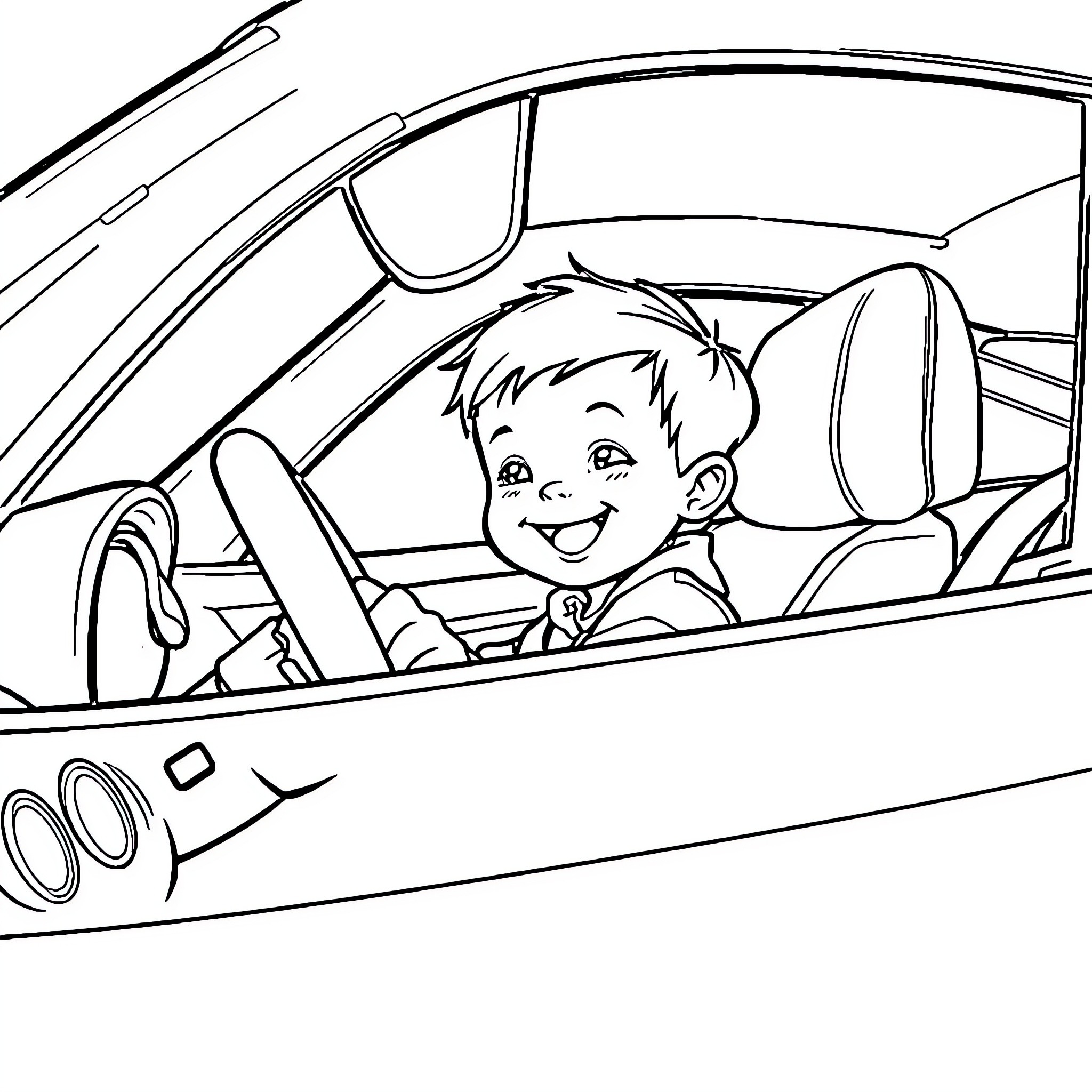 Nissan car driven by cheerful young boy Coloring Page (free black-and-white line drawing printable PDF for all, from beginners to advanced learners, including children, teens, adults, and seniors)