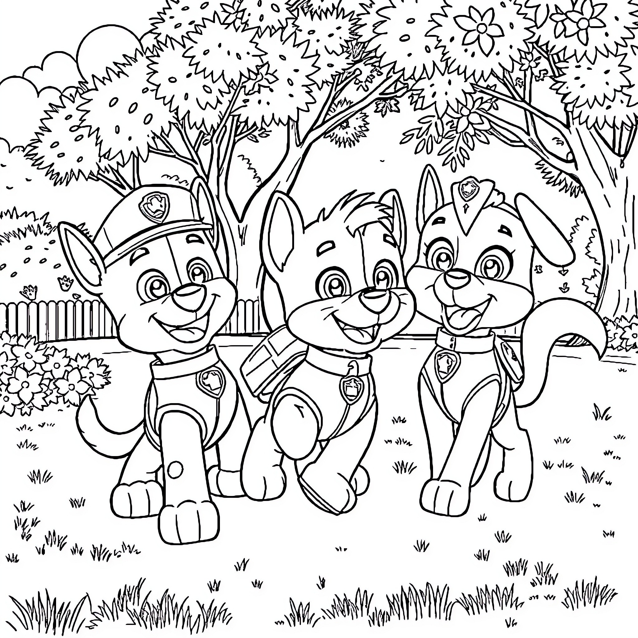 Paw Patrol Puppies Exploring the Flowery Forest Coloring Page (free black-and-white line drawing printable PDF for all, from beginners to advanced learners, including children, teens, adults, and seniors)