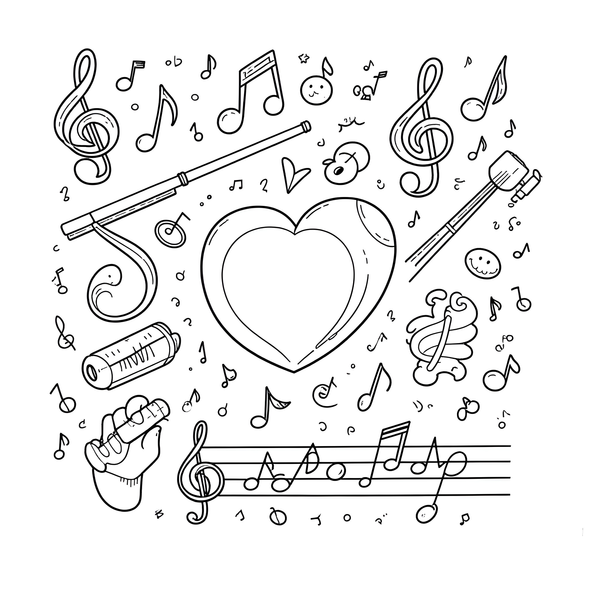 Music-themed doodle with heart and musical notes Coloring Page (free black-and-white line drawing printable PDF for all, from beginners to advanced learners, including children, teens, adults, and seniors)