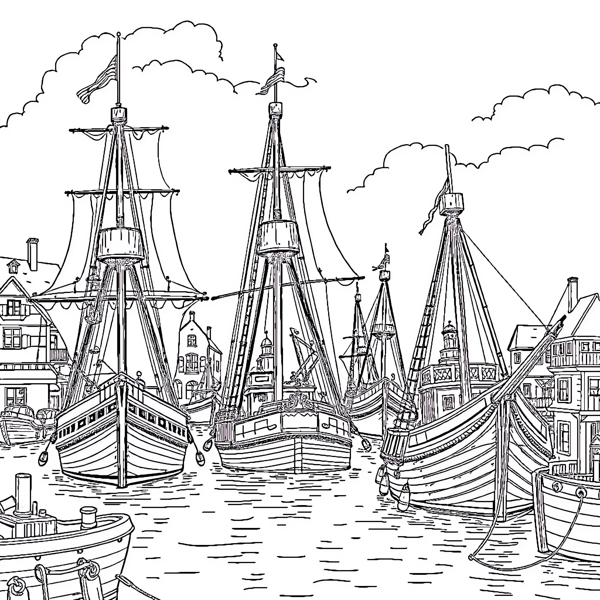 Ship Masts and Sails in a Bustling Harbor Coloring Page (free black-and-white line drawing printable PDF for all, from beginners to advanced learners, including children, teens, adults, and seniors)