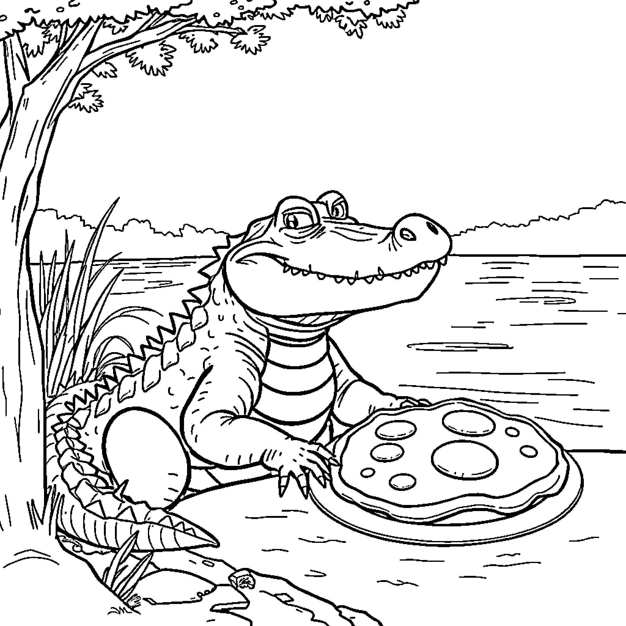 Crocodile resting on a log in the water Coloring Page (free black-and-white line drawing printable PDF for all, from beginners to advanced learners, including children, teens, adults, and seniors)