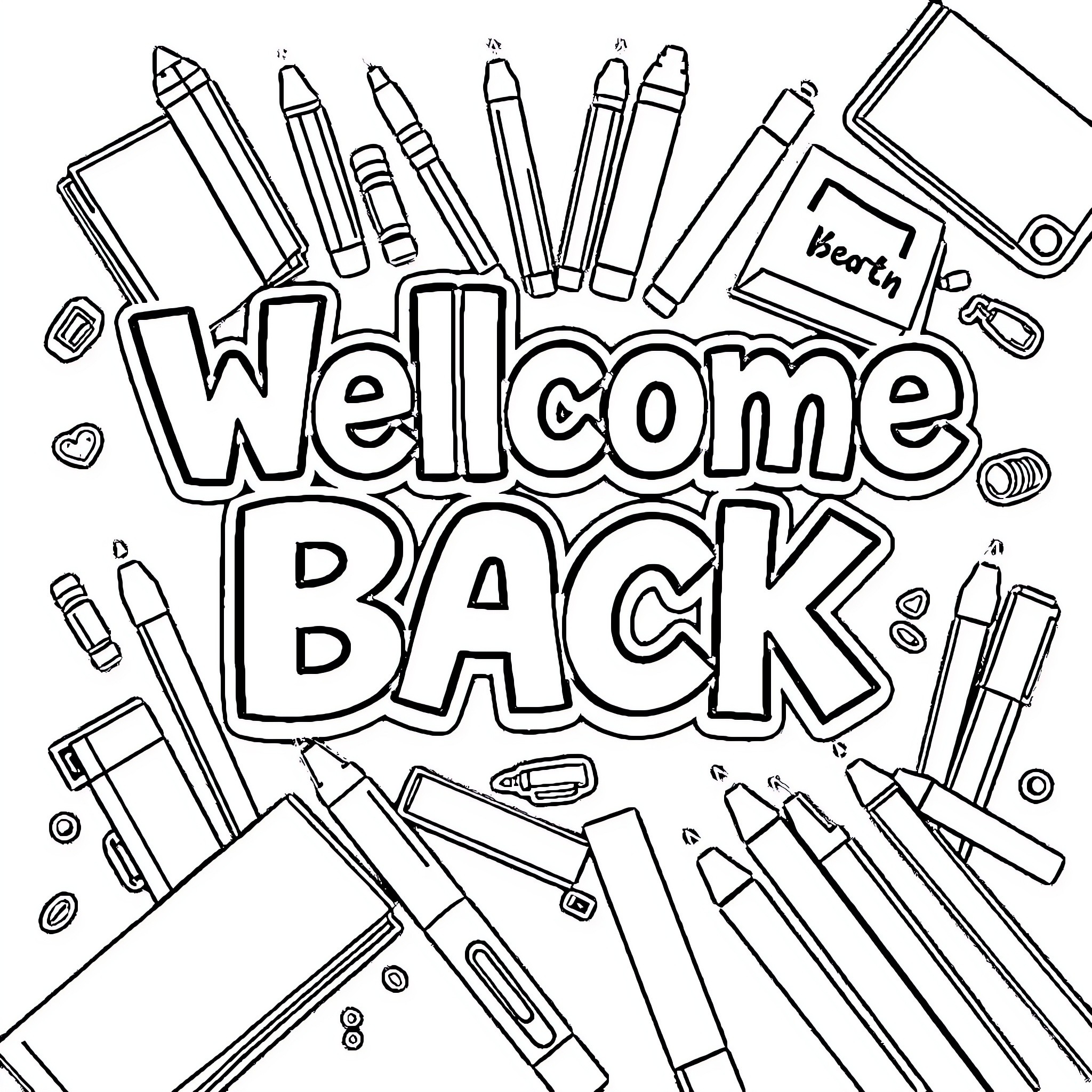 Bubble Letter Welcome Back with School Supplies Coloring Page (free black-and-white line drawing printable PDF for all, from beginners to advanced learners, including children, teens, adults, and seniors)