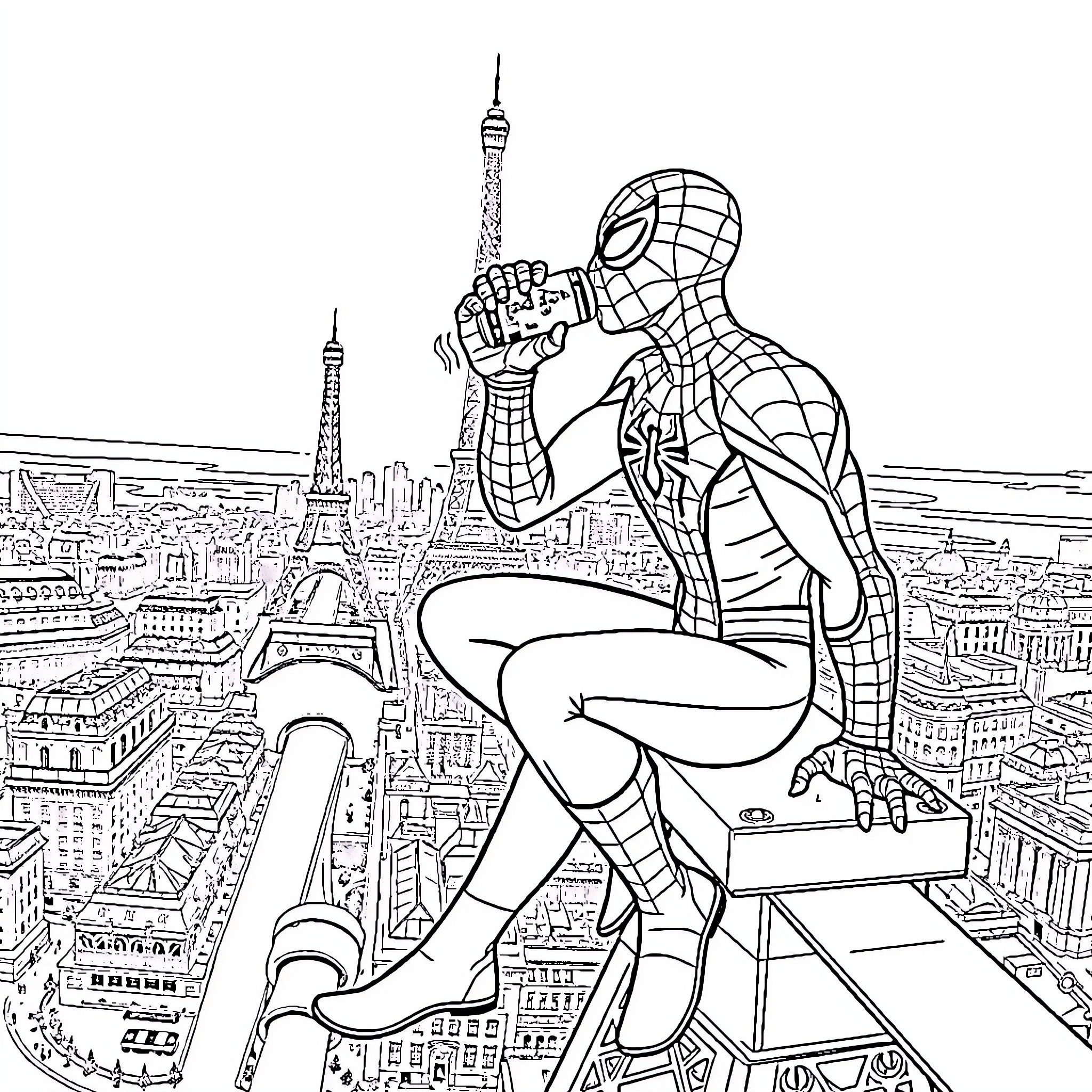 Spiderman overlooking the city skyline Coloring Page (free black-and-white line drawing printable PDF for all, from beginners to advanced learners, including children, teens, adults, and seniors)