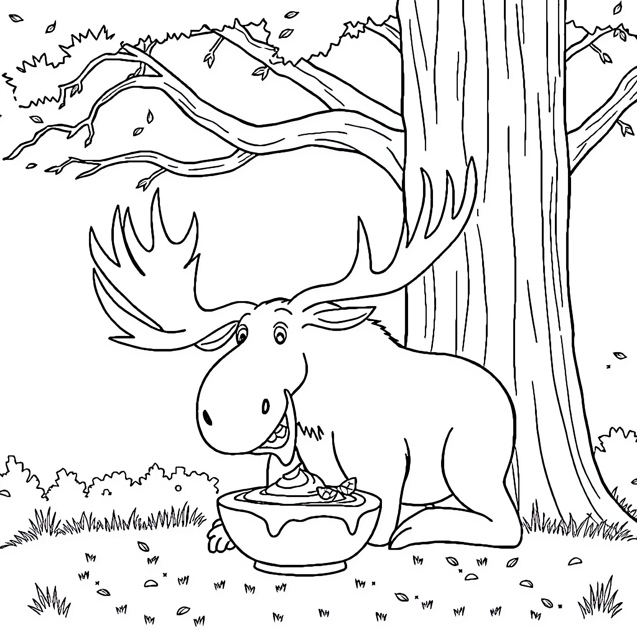 Moose enjoying a meal in the wilderness Coloring Page (free black-and-white line drawing printable PDF for all, from beginners to advanced learners, including children, teens, adults, and seniors)