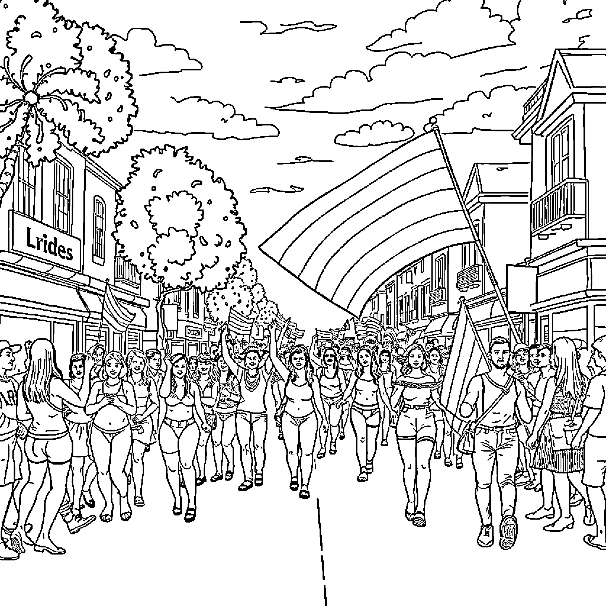 Pride Parade Celebration with Diverse Crowd Coloring Page (free black-and-white line drawing printable PDF for all, from beginners to advanced learners, including children, teens, adults, and seniors)